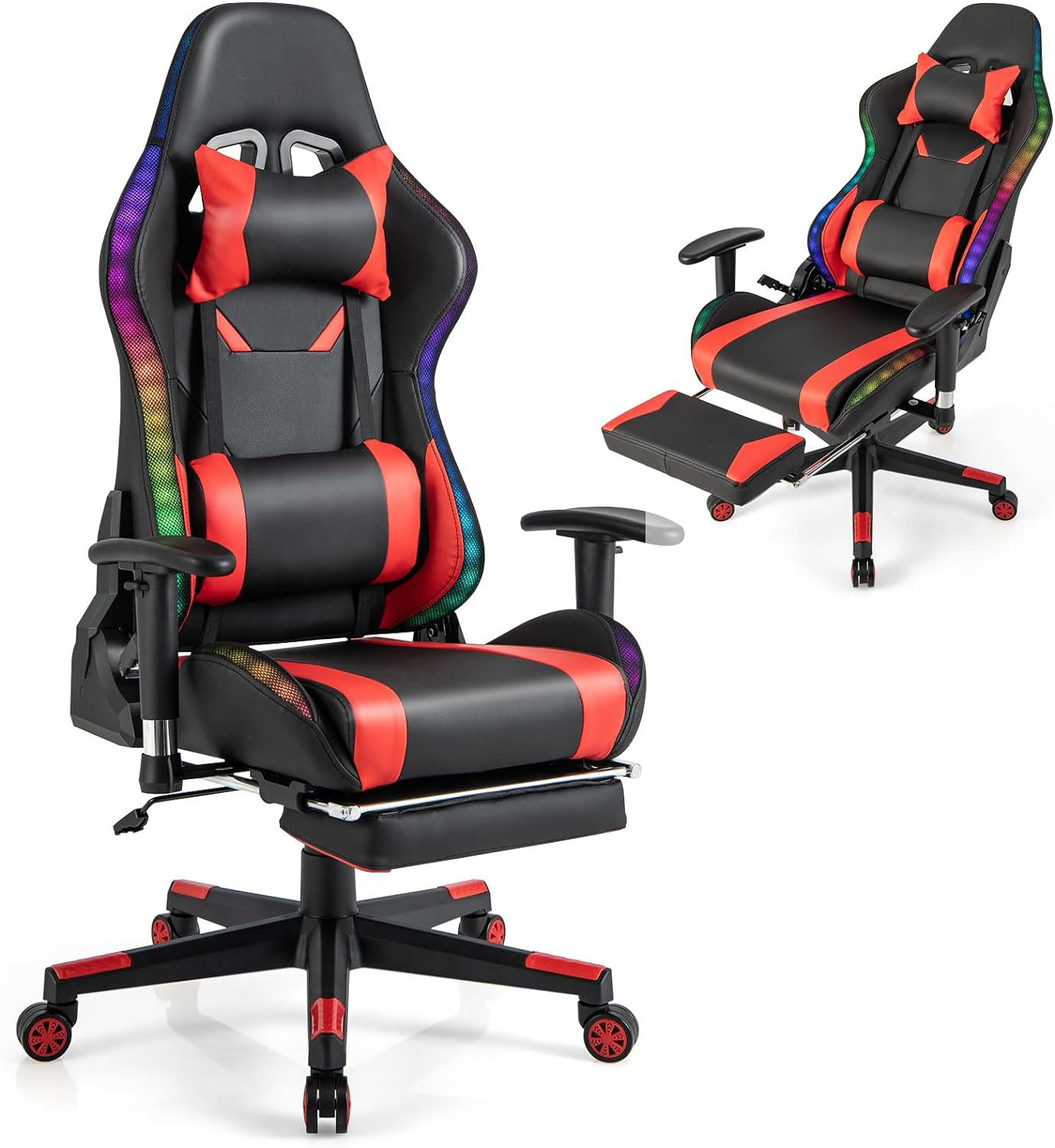 Zwei Gaming-Stühle, einer mit Fußstütze, beide schwarz und rot mit LED-Lichtern.