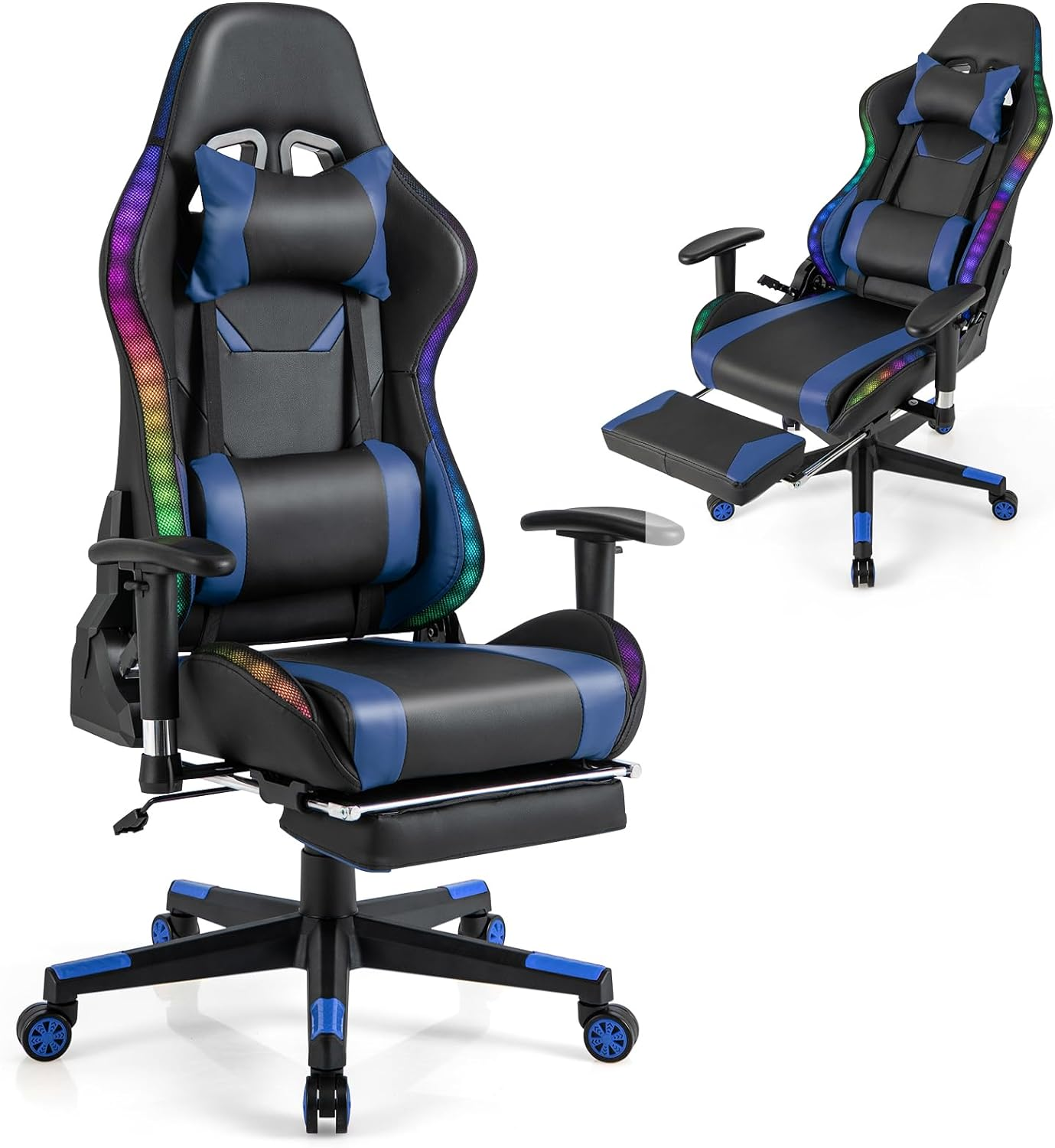 Gaming-Stuhl mit blauen und schwarzen Akzenten und LED-Leuchten.