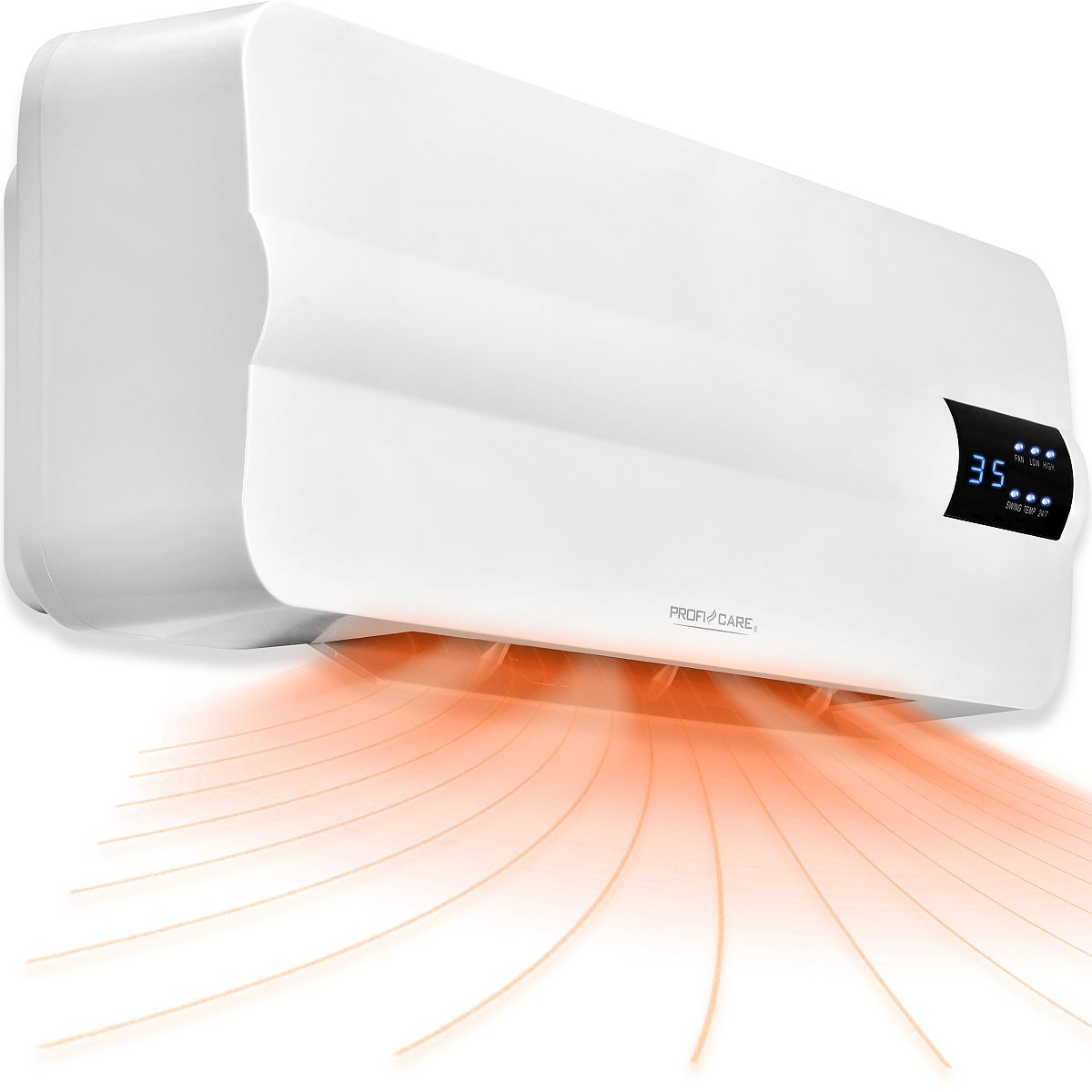 Biały grzejnik ścienny z cyfrowym wyświetlaczem, emitujący pomarańczowe fale ciepła.