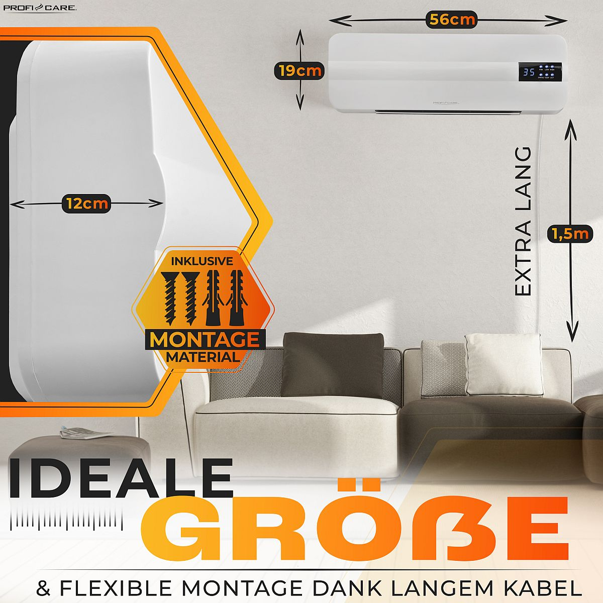 Biały grzejnik na ścianie obok kanapy, z wymiarami i długim kablem.