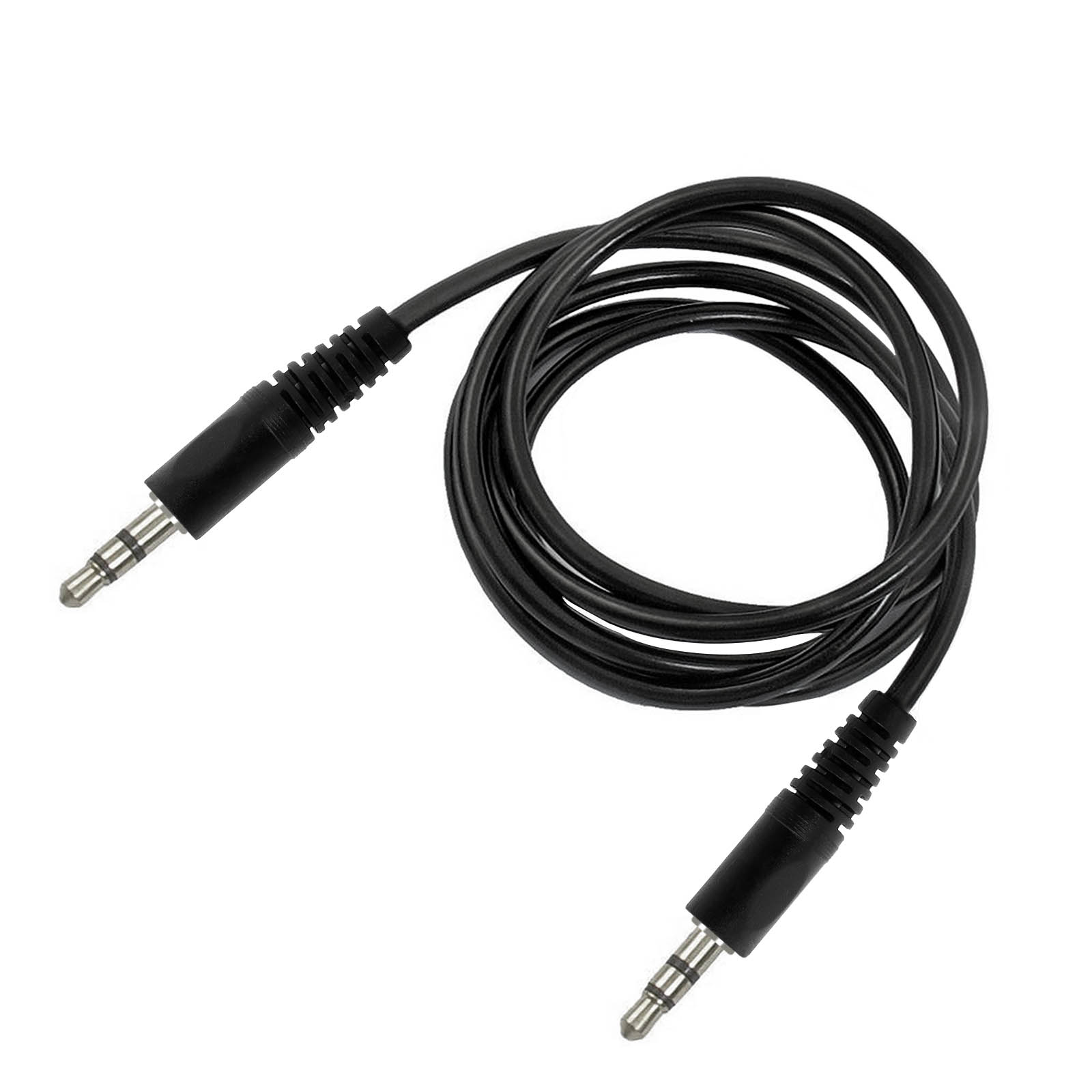 Cavo audio nero con due jack da 3,5 mm argentati a ciascuna estremità, su sfondo bianco.