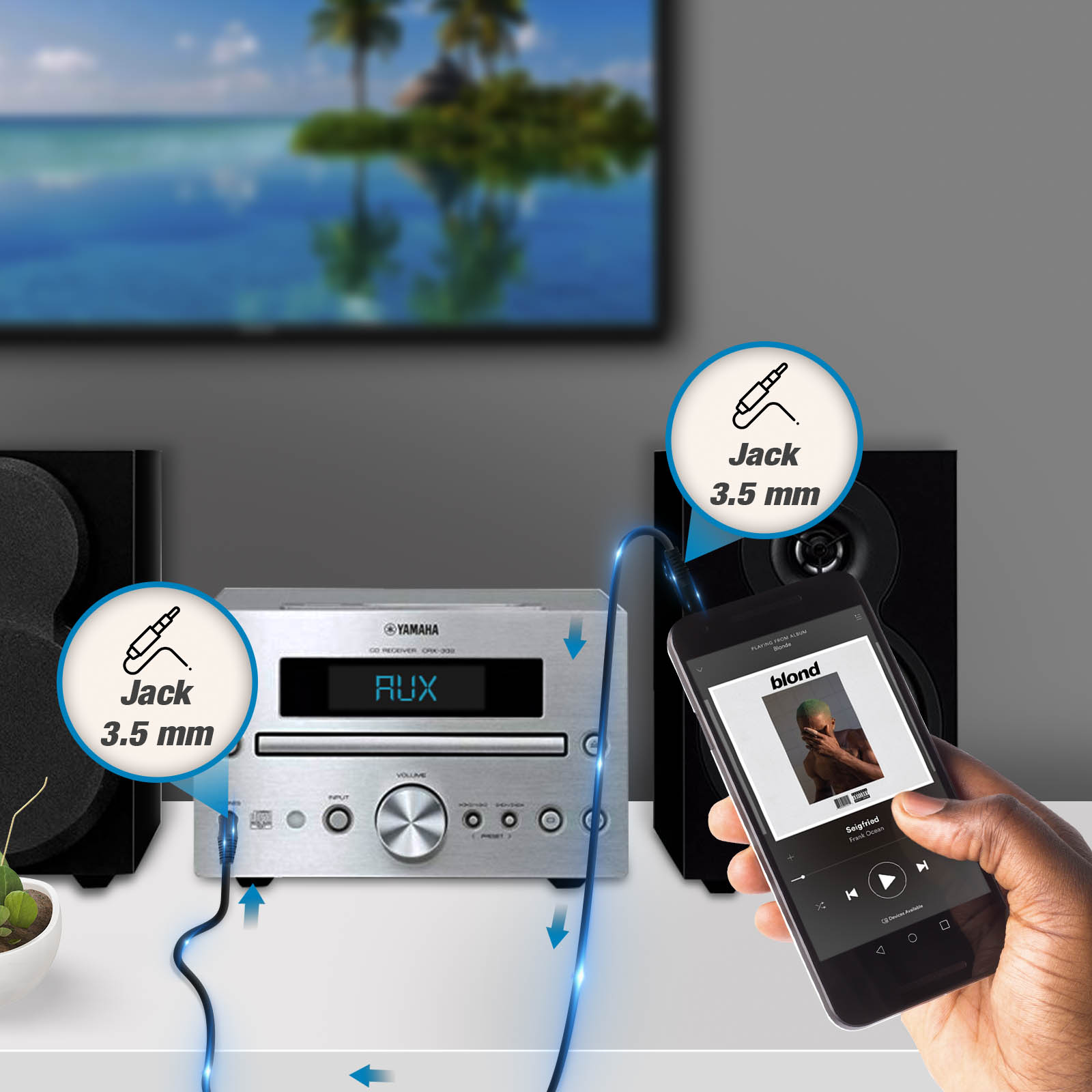 Impianto stereo con telefono collegato tramite cavo aux, su superficie bianca.