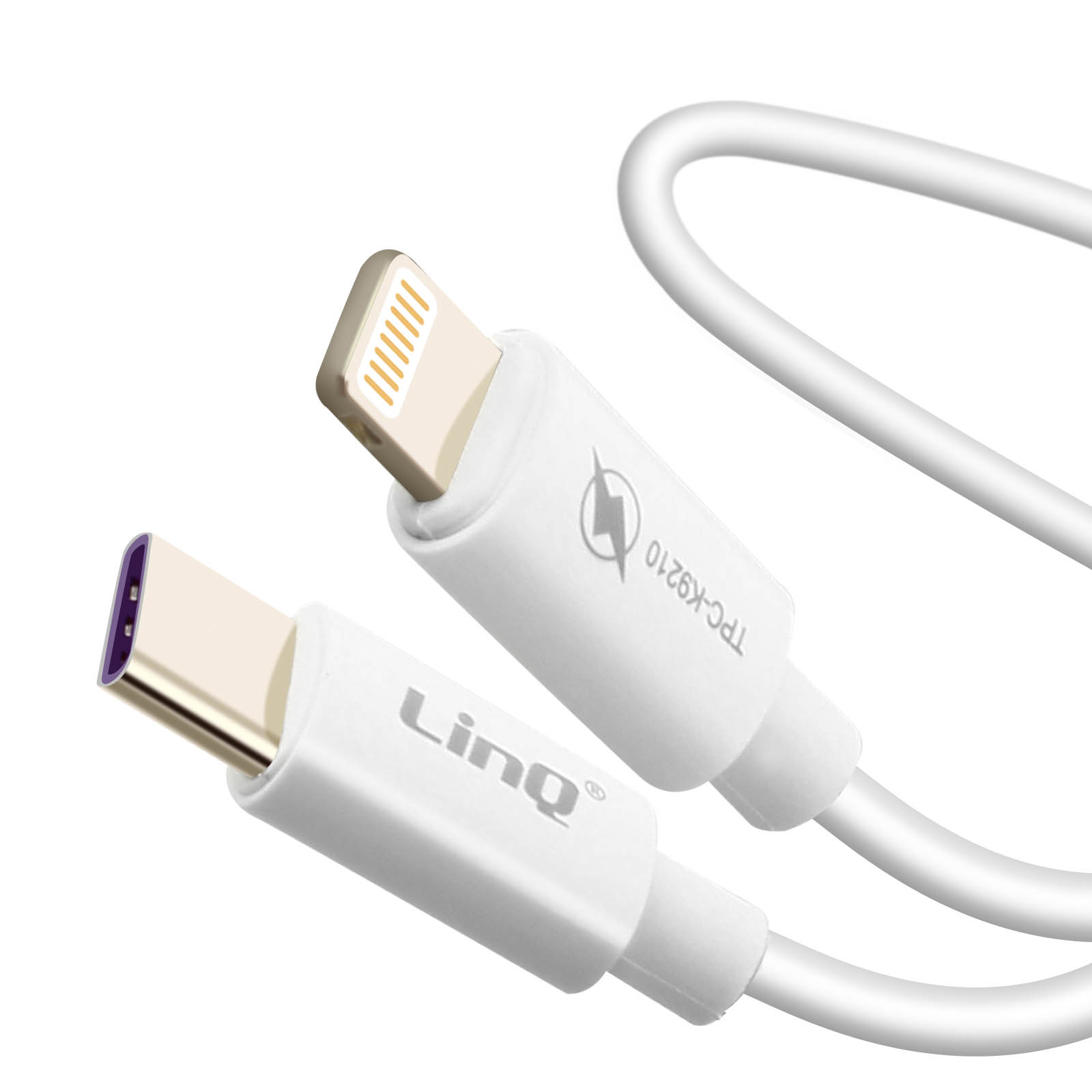 Weißes Kabel mit zwei Anschlüssen: einmal USB und einmal USB-C, mit LinQ- und TPC-K9210-Etiketten.