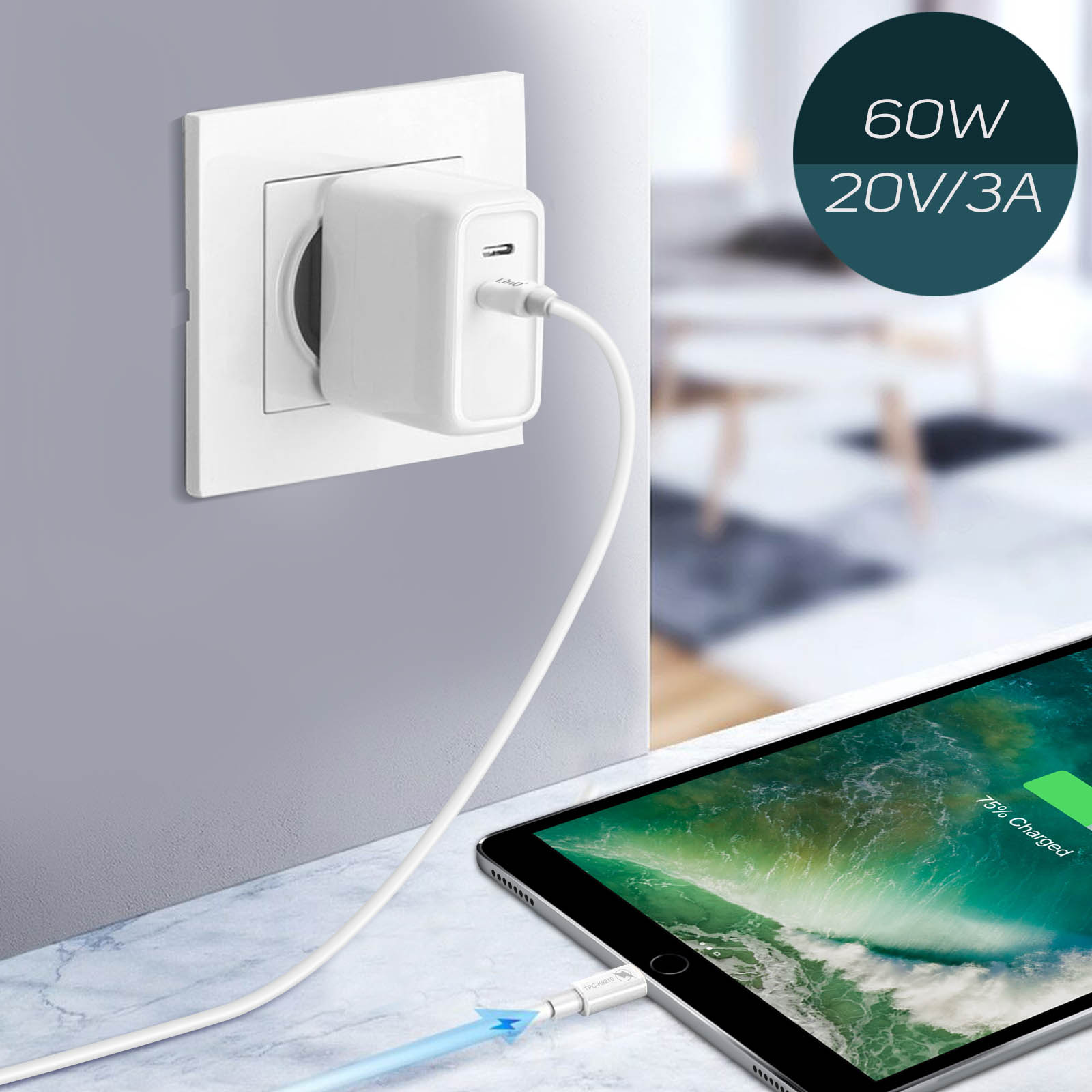 Weißes Ladegerät, das mit einem Tablet verbunden ist, lädt, mit 60W und 20V/3A Details.