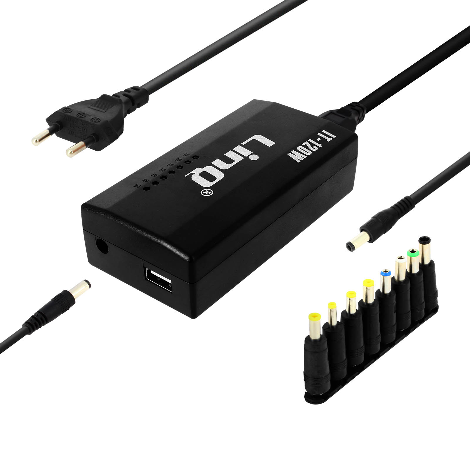 Adaptador de corriente negro con múltiples conectores de salida. Incluye un puerto USB. Fondo blanco.