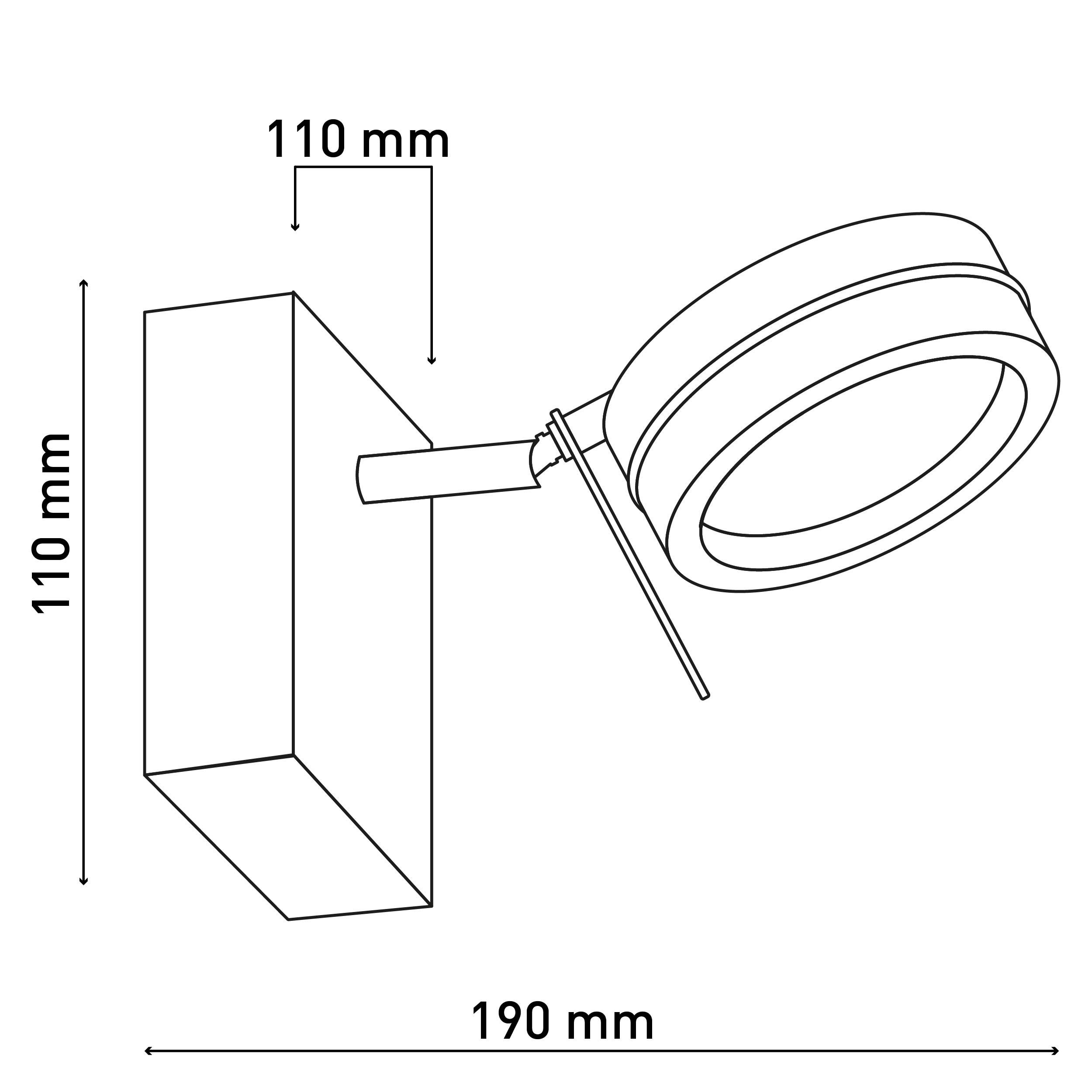 Wand-Spotlight mit rechteckiger Basis und kreisförmigem Licht, Abmessungen angegeben.