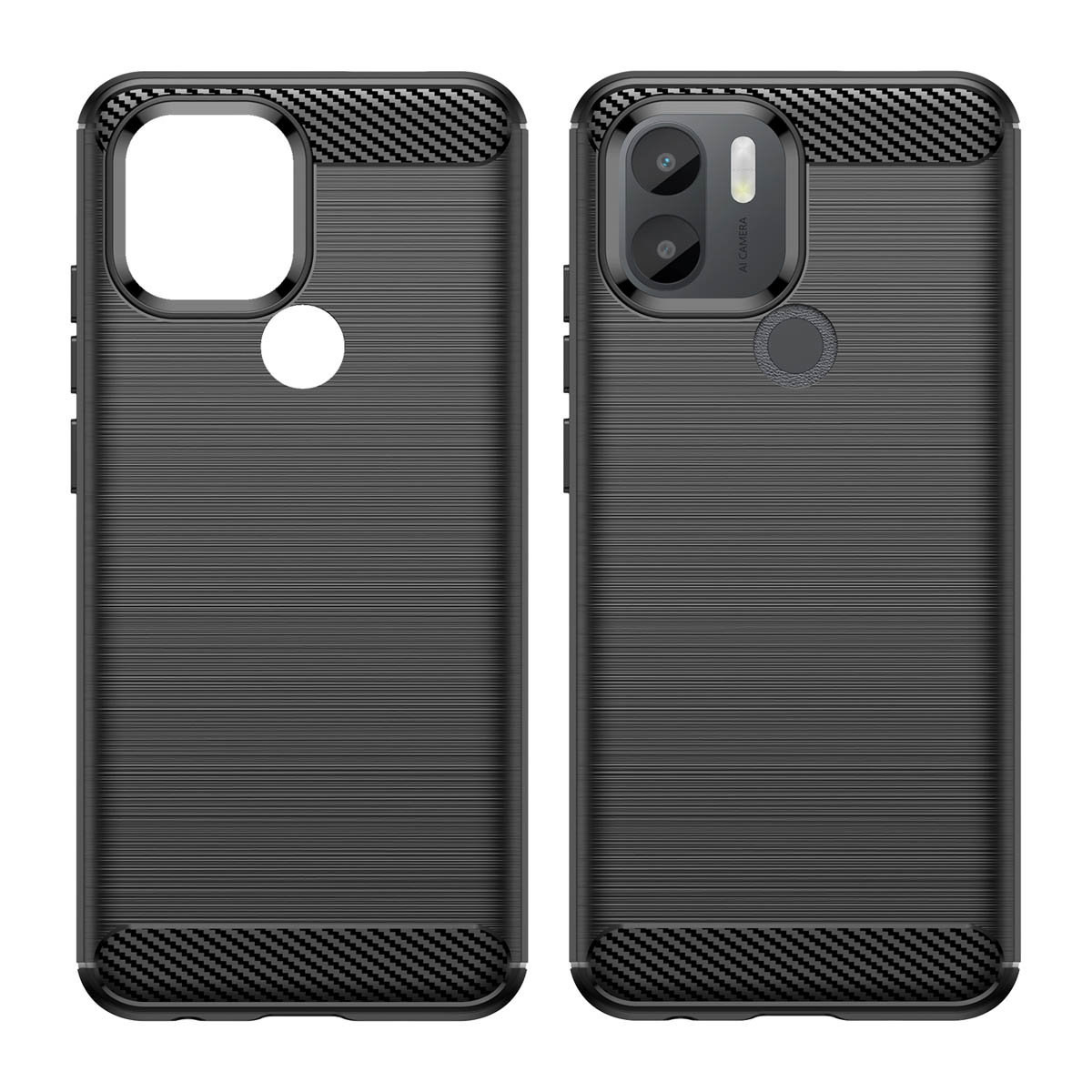 Schwarze Handyhülle mit Kameraausschnitt, zwei Teilen und Carbonfaser-Textur.
