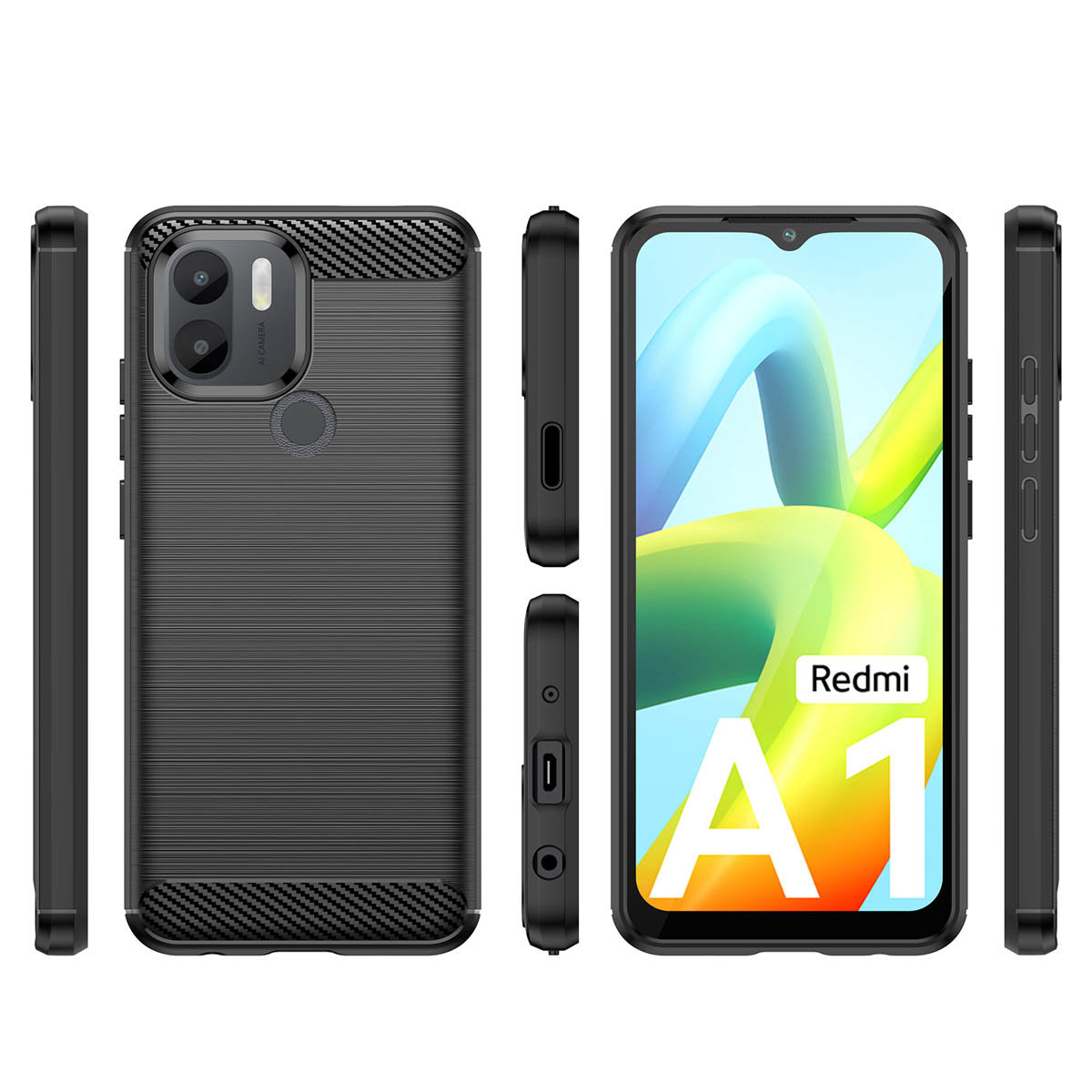 Ein Smartphone, das verschiedene Ansichten zeigt, mit schwarzem Gehäuse und dem Redmi A1 Logo.