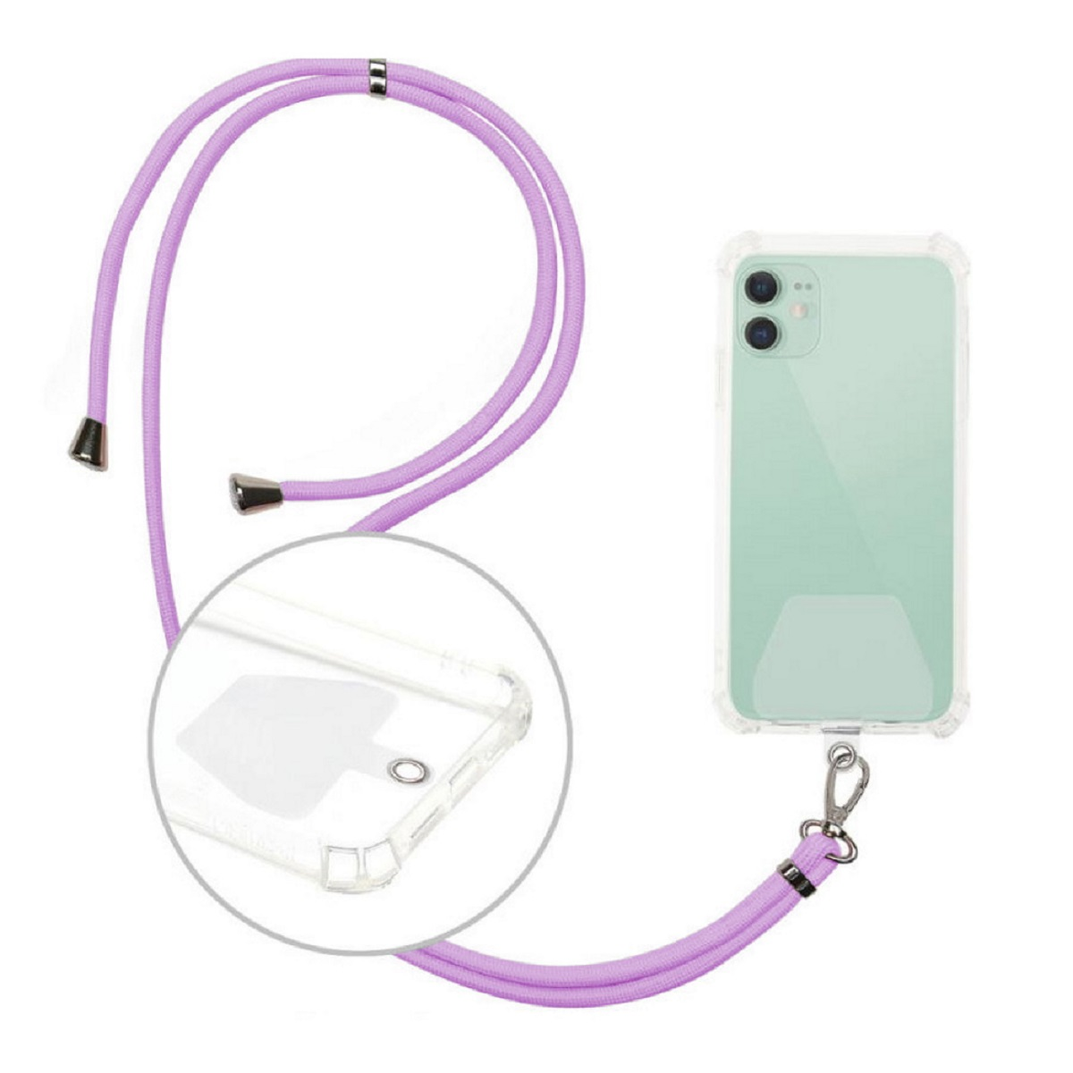 Laccetto per telefono viola con custodia e telefono, dettaglio custodia trasparente.