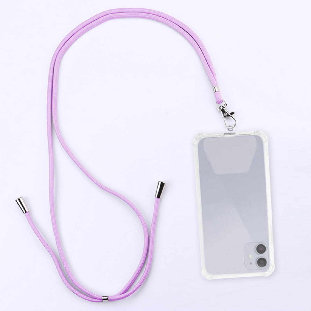 Un cordino per telefono color lavanda con una custodia trasparente. Il cordino ha accenti argentati.