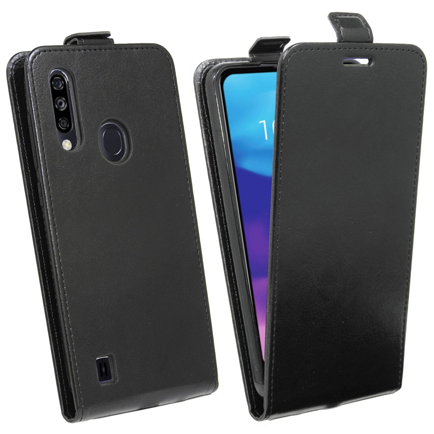 Schwarze Handyhülle mit einem Telefon darin. Die Hülle ist geöffnet und zeigt den Bildschirm.