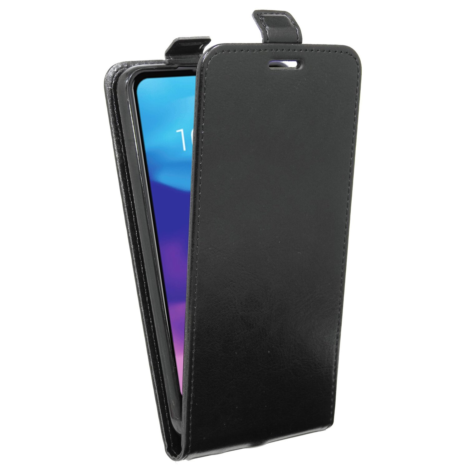 Schwarze Leder-Handyhülle mit teilweise geöffnetem Handy, zeigt einen blauen Telefonbildschirm.