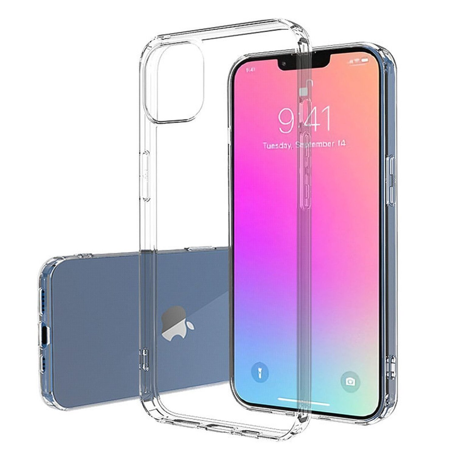 Transparente Handyhülle mit einem Telefon. Telefon zeigt Zeit und Wallpaper.