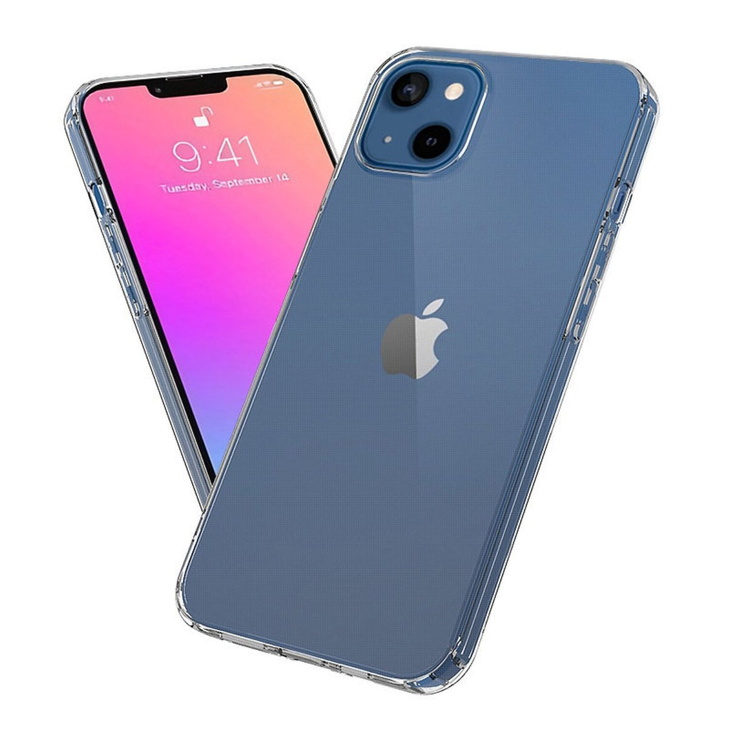 Zwei durchsichtige iPhone-Hüllen, eine mit Telefon darin. Das Telefon zeigt den 14. September, 9:41 Uhr.