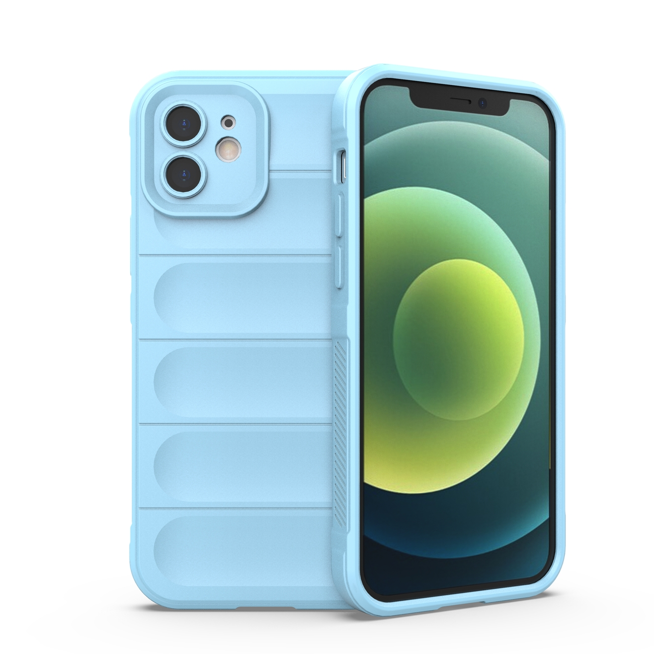 Hellblaue Handyhülle mit Telefon darin, weißer Hintergrund.