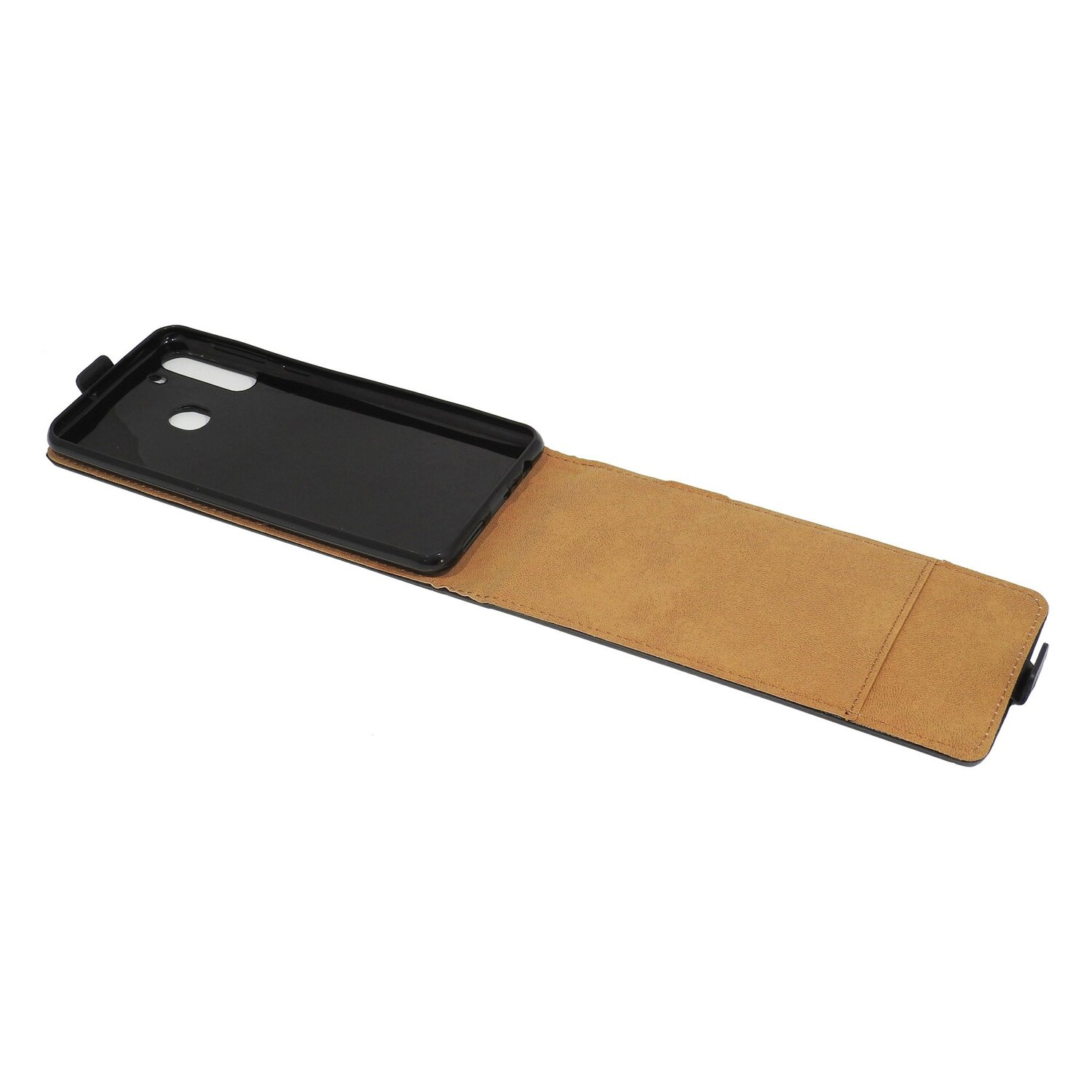 Schwarze Handyhülle mit einem schwarzen Telefon darin, geöffnet. Die Innenseite ist hellbraun.