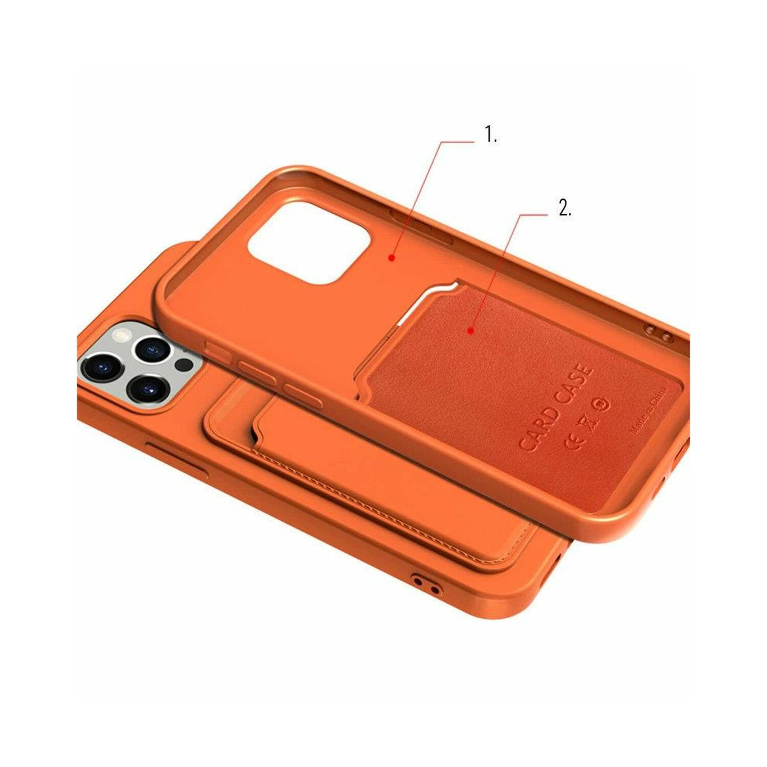 Orangene Handyhülle mit Kartenhalter. Aus Kunststoff mit Kameraaussparung.