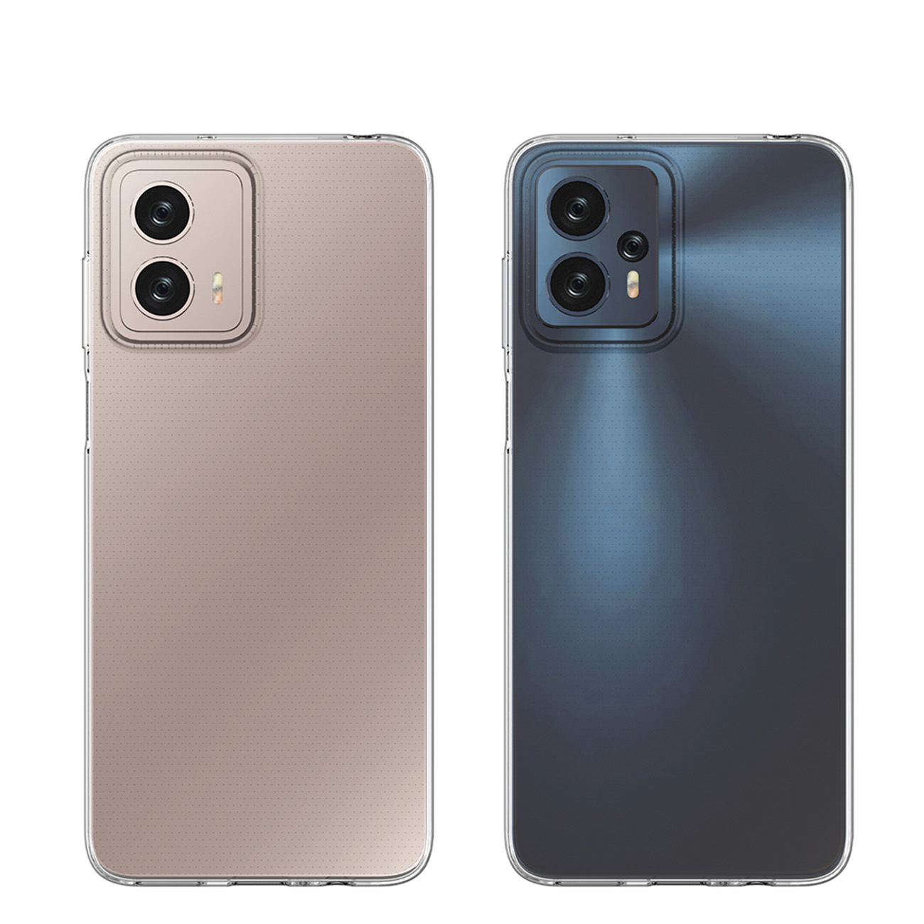 Zwei Handys mit durchsichtigen Hüllen. Eines ist beige und das andere dunkelblau, beide mit Dual-Kamera.