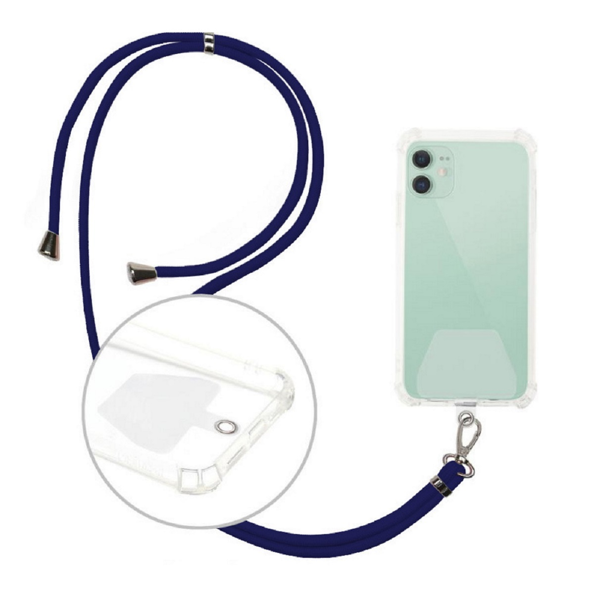 Telefon mit transparentem Gehäuse und marineblauem Umhängeband. Das Band wird an der Hülle befestigt.