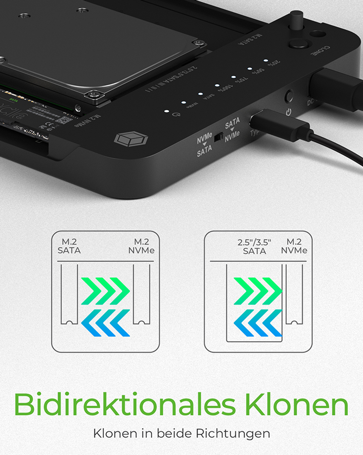 Schwarzes Gerät zum Klonen von Festplatten, mit Diagrammen, die die Datenübertragungsrichtung anzeigen.