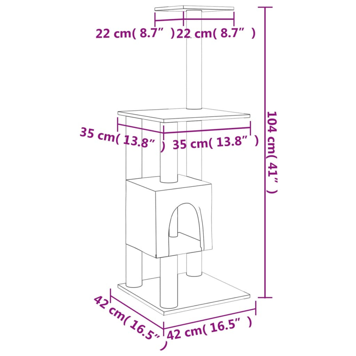 Kratzbaumdiagramm mit Abmessungen. Es hat mehrere Ebenen, eine Höhle und eine obere Plattform.