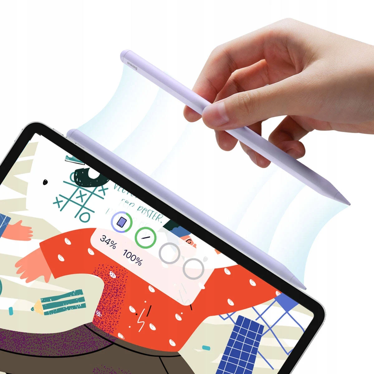 Tablet z rysikiem unoszącym się nad nim, pokazujący interfejs rysowania.