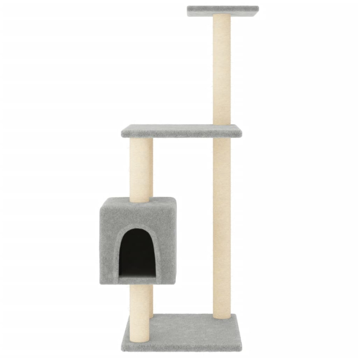 Ein mehrstöckiger Katzenbaum mit grauen Plattformen, einem grauen Würfel und beigen Stützpfosten.