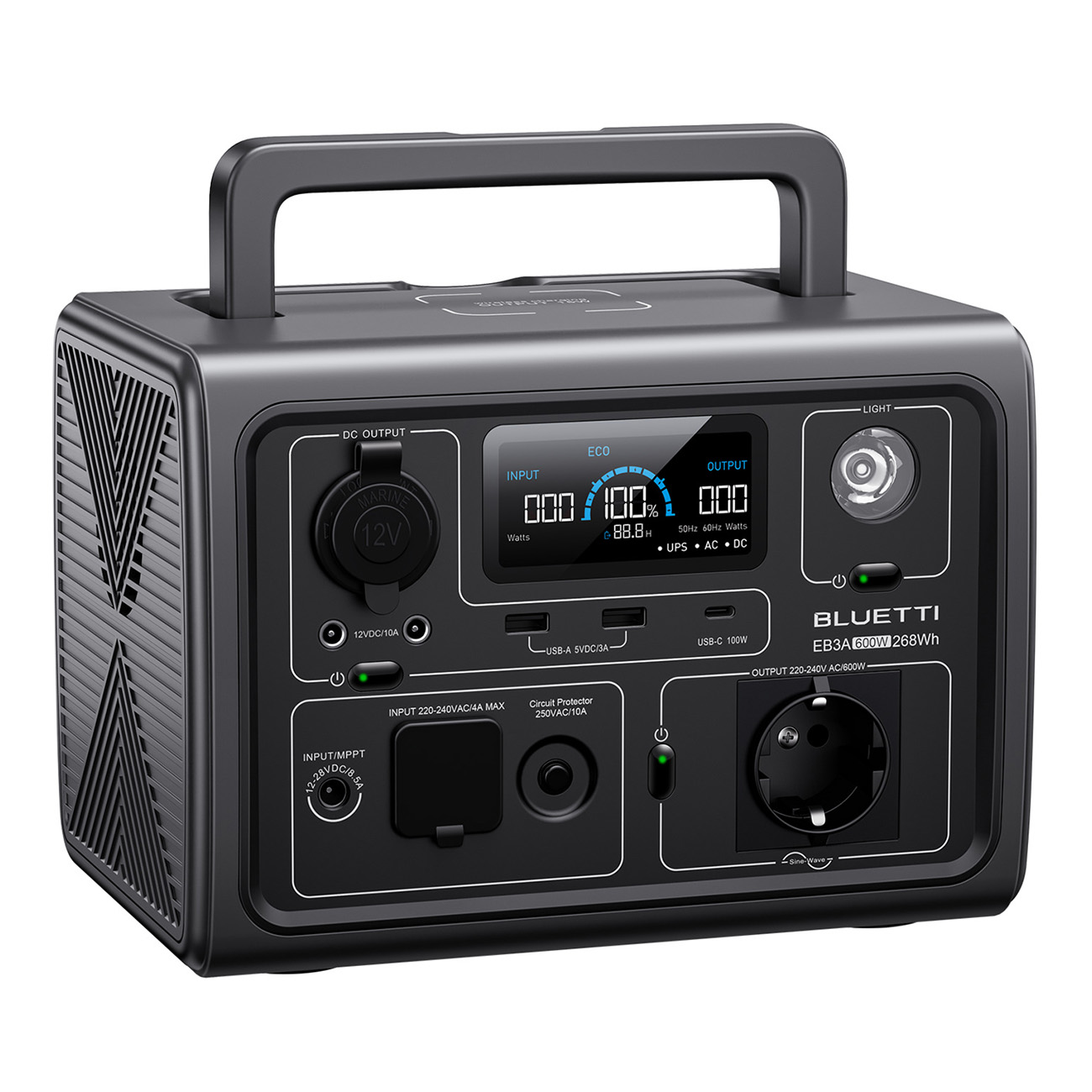 Czarna elektrownia Bluetti EB3A z uchwytem i różnymi portami i przyciskami.