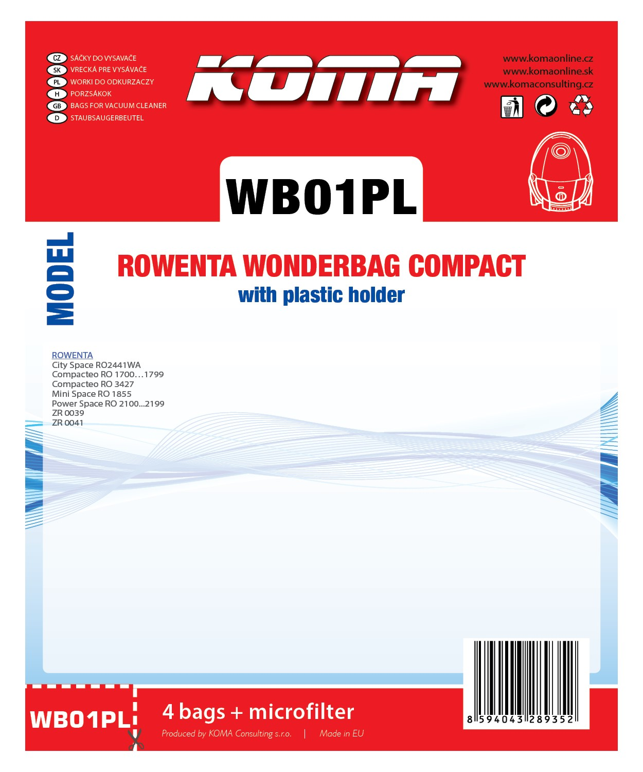 Staubsaugerbeutel-Paket. Rot und weiß, mit Produktdetails. Enthält Beuteltyp und Markenname.