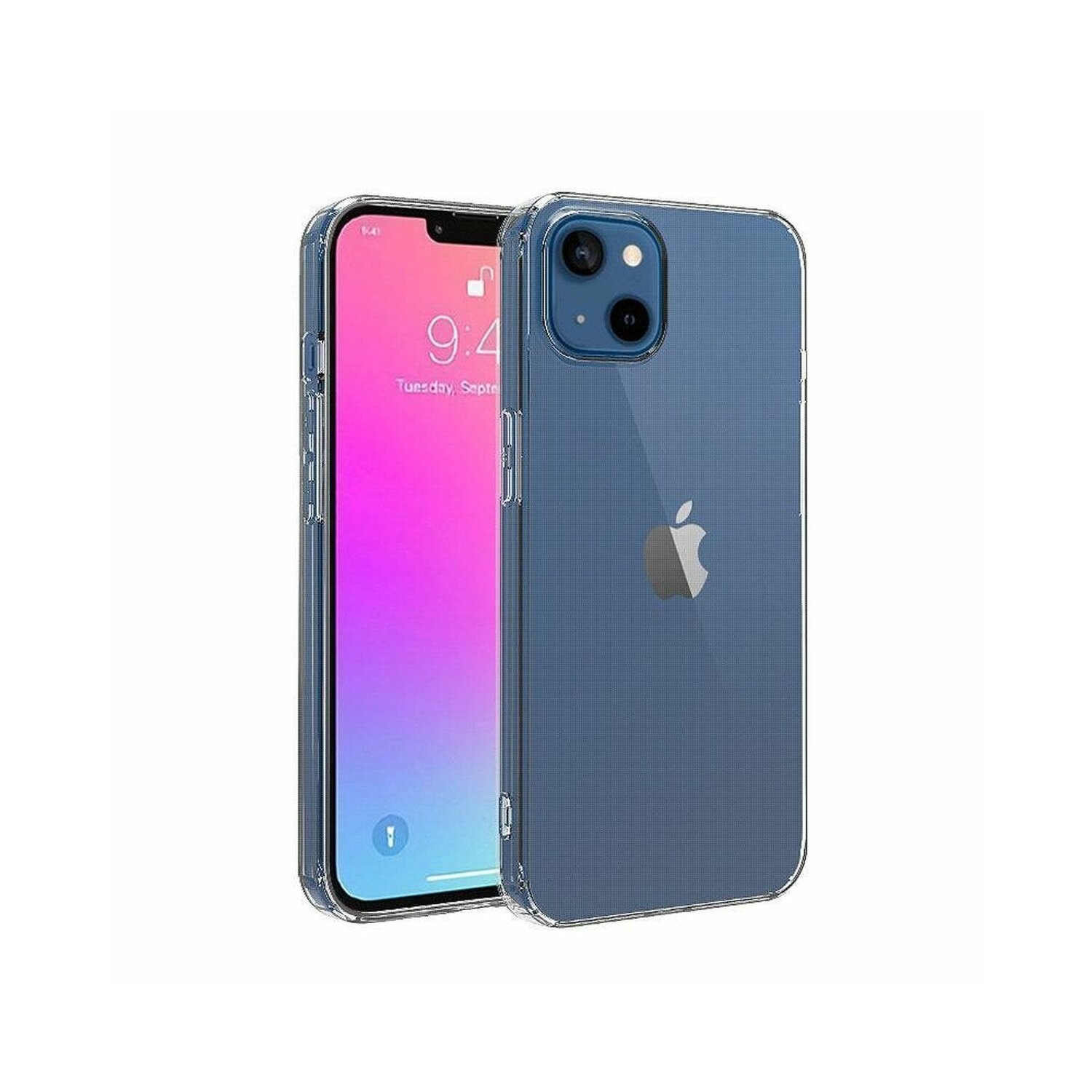 Due iPhone 13 in custodie trasparenti. Un iPhone mostra lo schermo e l'altro il retro.