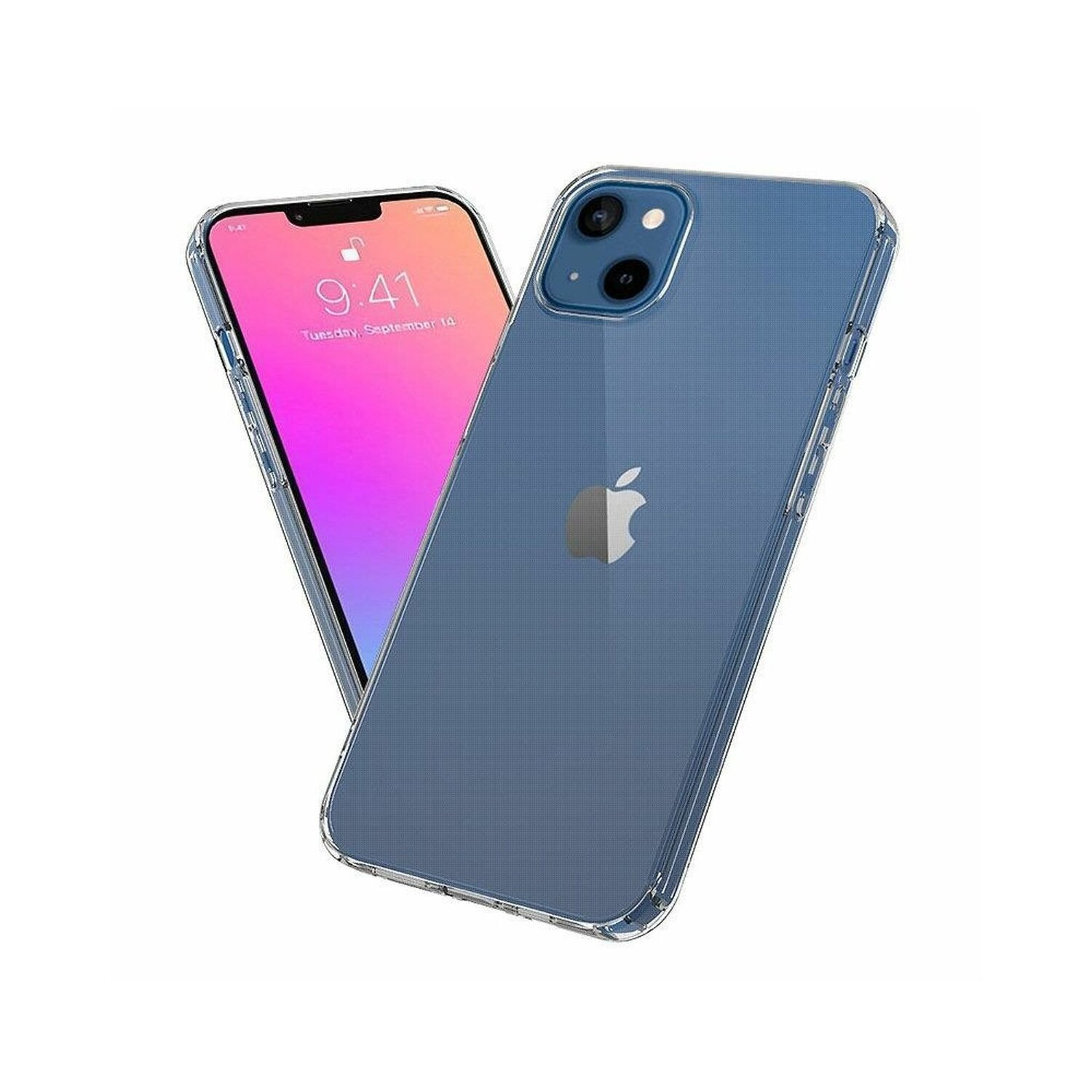 Custodia trasparente per iPhone su iPhone con schermo rosa che mostra una data, sfondo bianco.