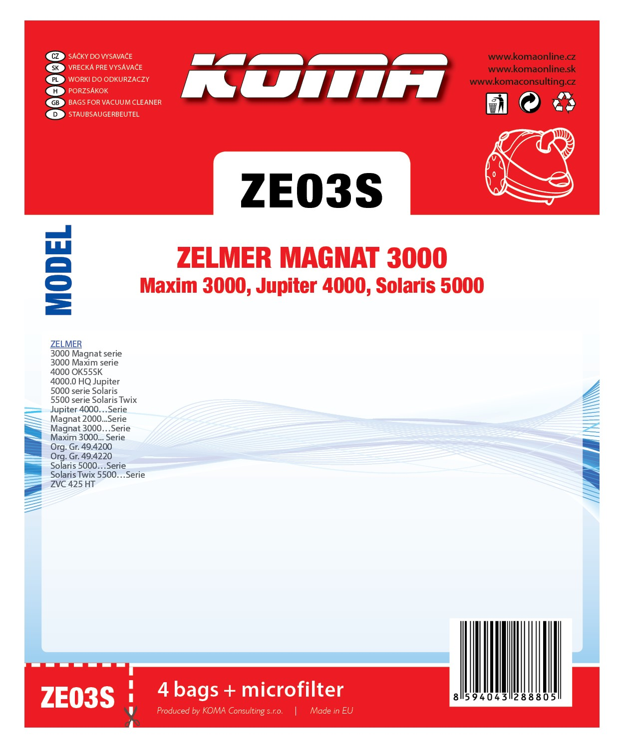 Verpackung für Staubsaugerbeutel. Produktinformationen einschließlich des Modells 'ZE03S' sind sichtbar.