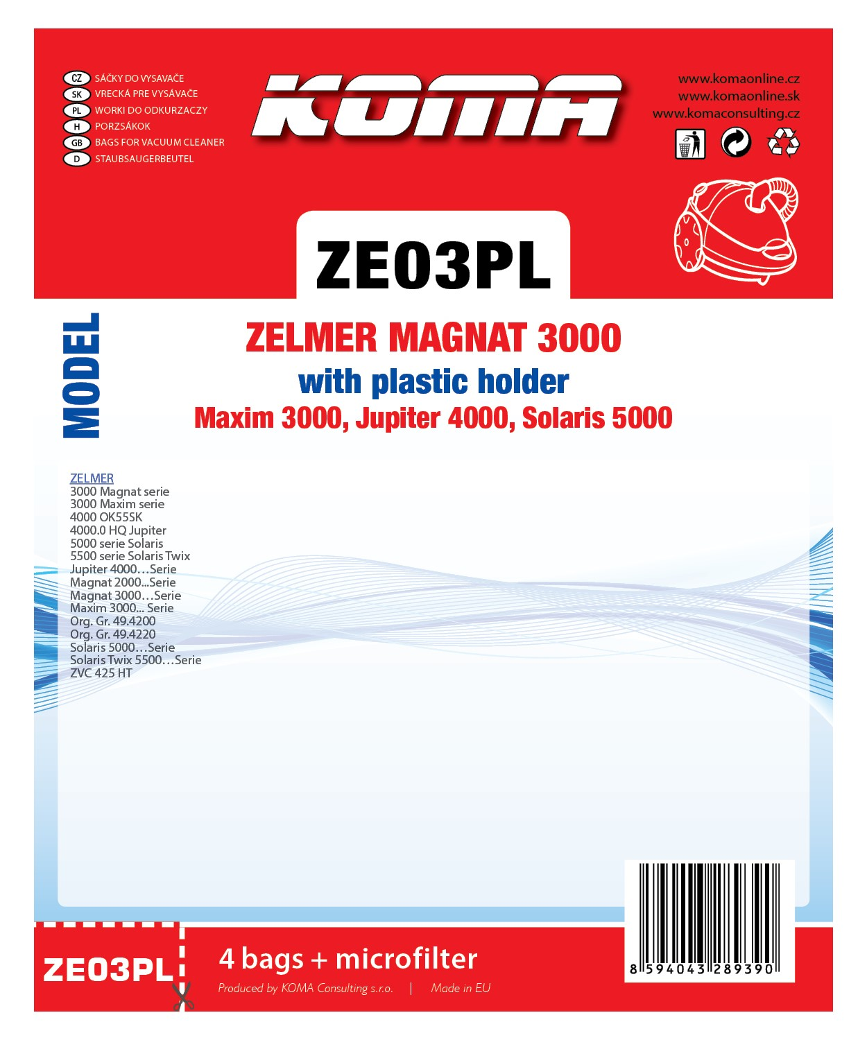 Eine Staubsaugerbeutel-Verpackung mit Text und Logos, zeigt Modell- und Beutelinformationen.