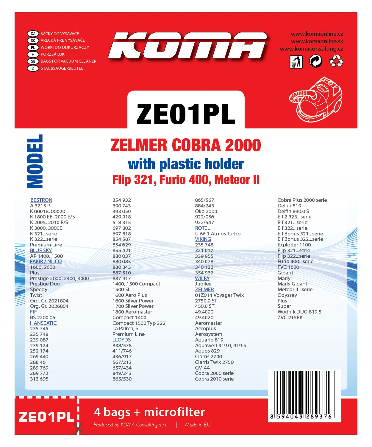 Ein Produktkatalog mit dem Text 'ZELMER COBRA 2000' und anderen Produktinformationen. Weißer Hintergrund.