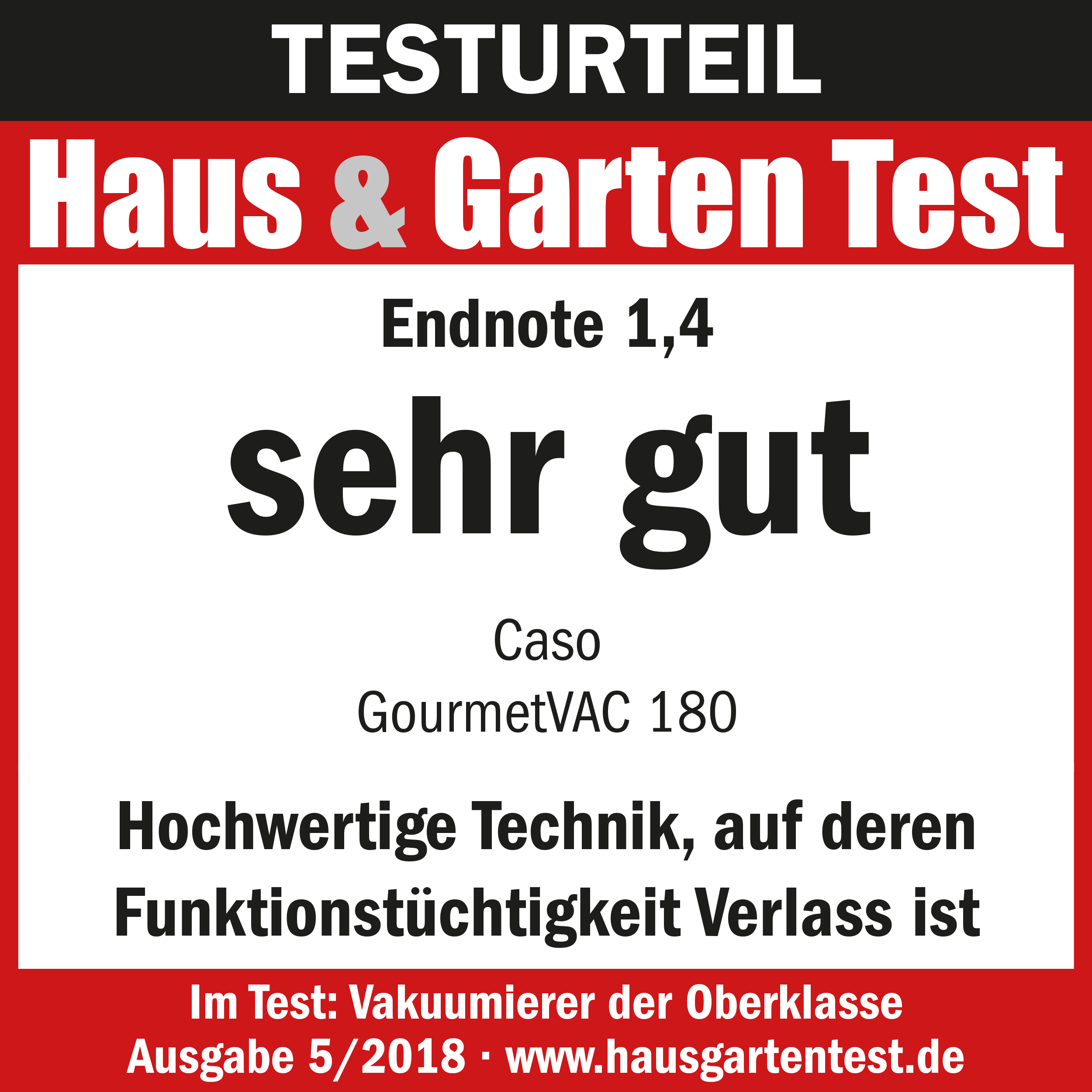 Ein Produkt-Testbericht mit Text, 'sehr gut'. Beinhaltet einen Vakuumierer.