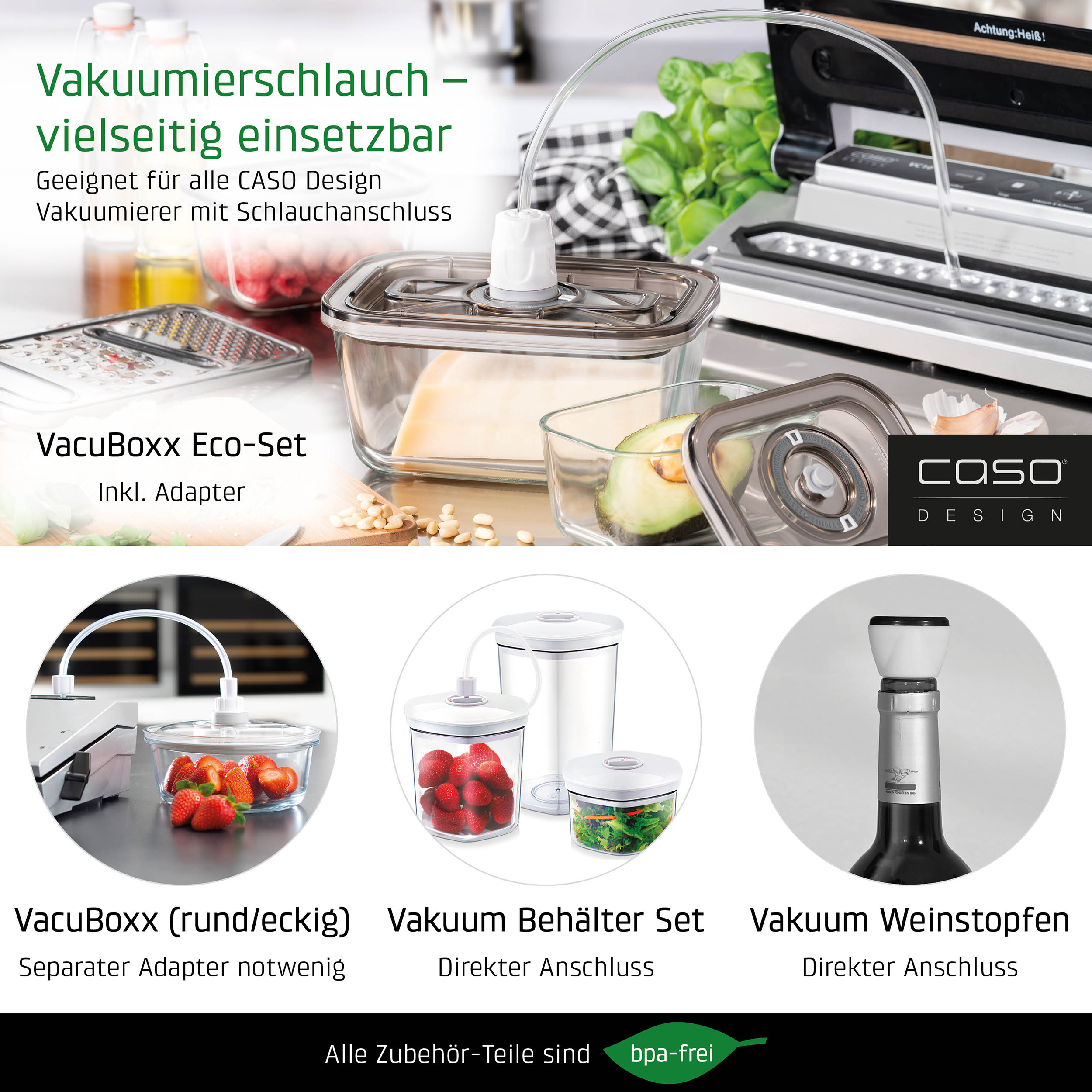 Verschiedene Vakuumierartikel, ein Vakuumierer, Behälter und ein Vakuum-Weinverschluss.