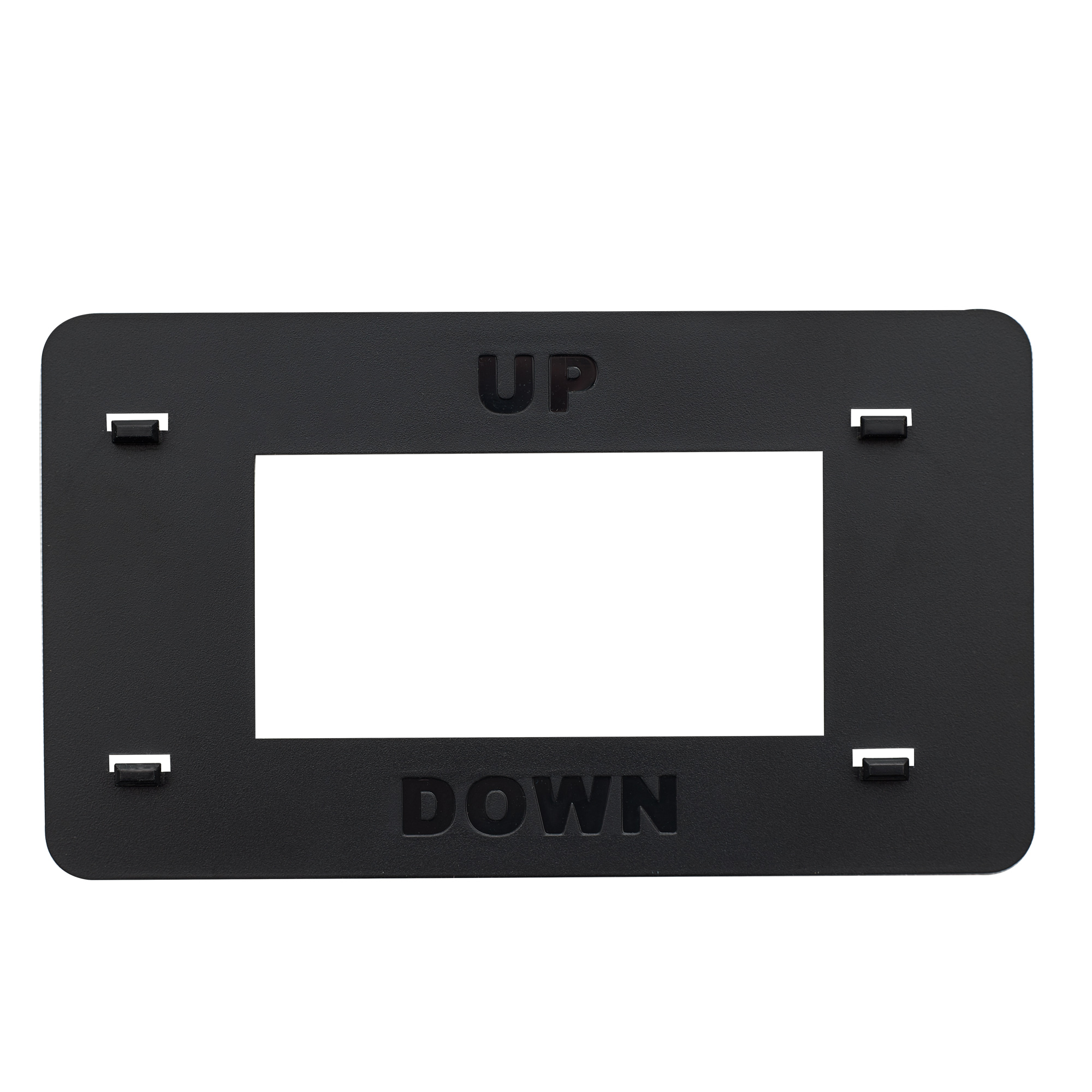 Ein schwarzer Rahmen mit rechteckigem Ausschnitt, beschriftet mit 'UP' und 'DOWN'.