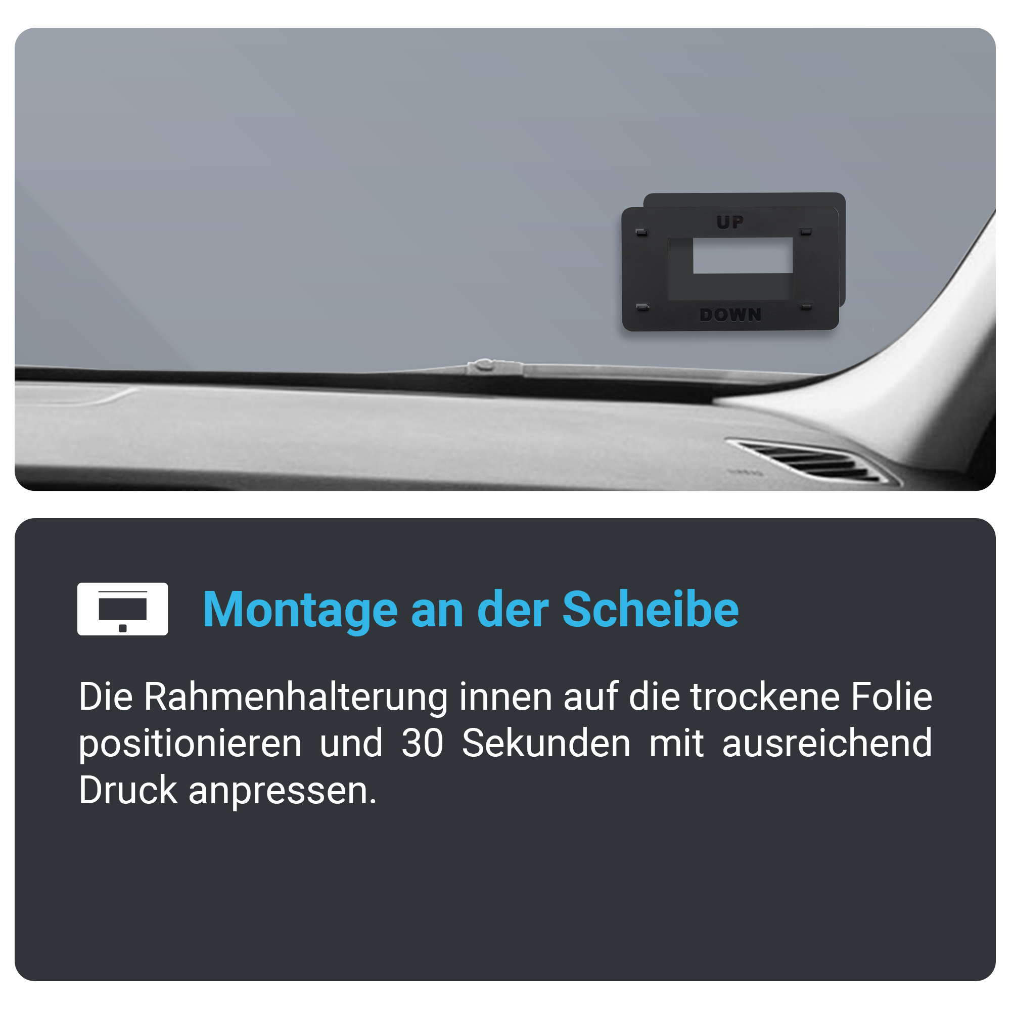 Bild einer Windschutzscheibe mit Halterung und Text zur Installation auf dunklem Hintergrund.