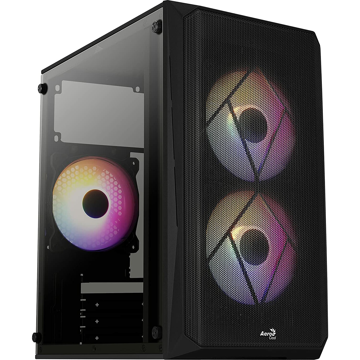 AeroCool PC-Gehäuse mit transparentem Seitenteil, Lüftern und Mesh-Front.