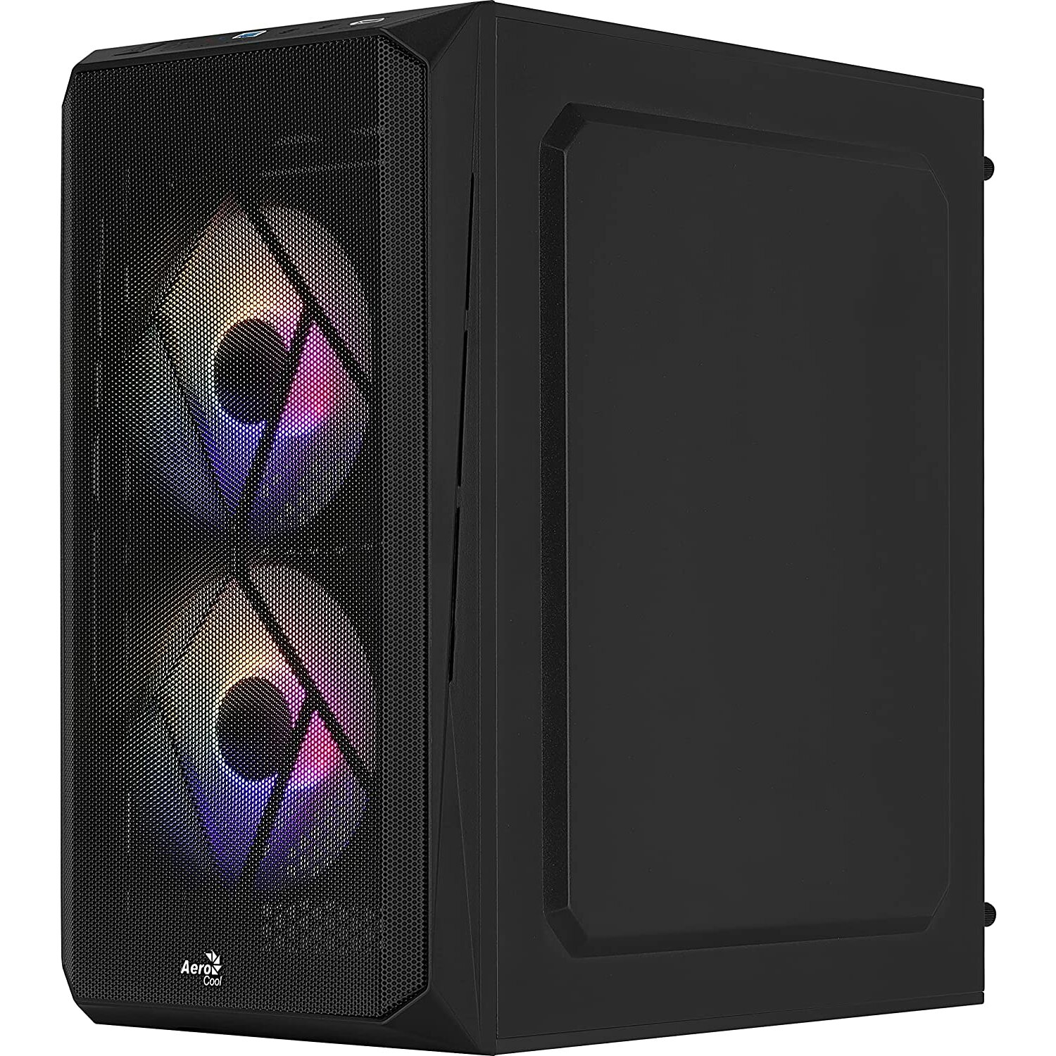 Schwarzes Computergehäuse mit zwei RGB-Lüftern, Mesh-Frontplatte und fester Seitenwand.