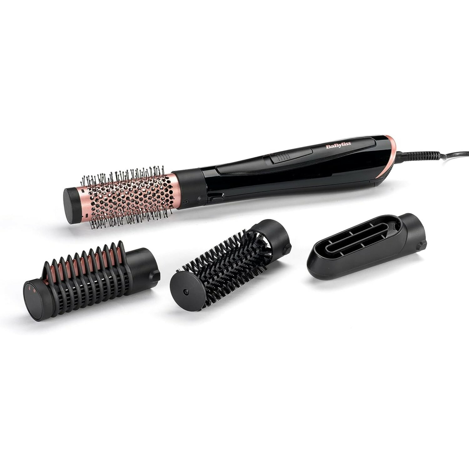 Czarna szczotka do stylizacji włosów z wieloma nakładkami. To produkt Babyliss.