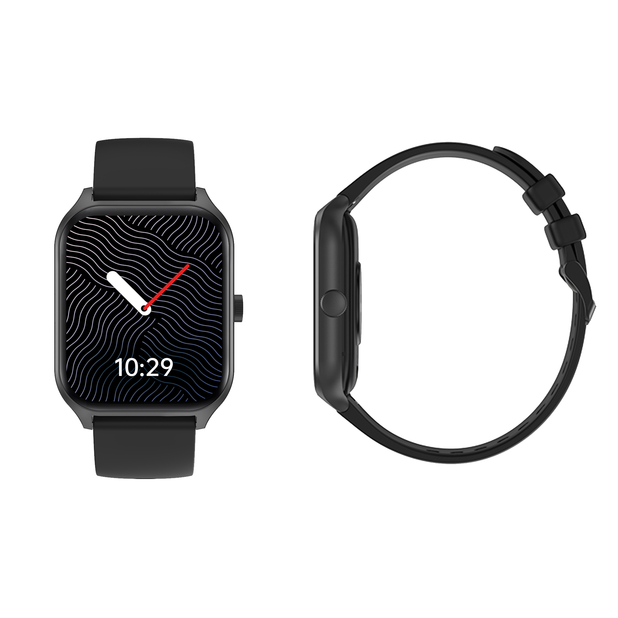 Zwei Ansichten einer schwarzen Smartwatch. Eine zeigt das Zifferblatt. Schwarzes Armband.