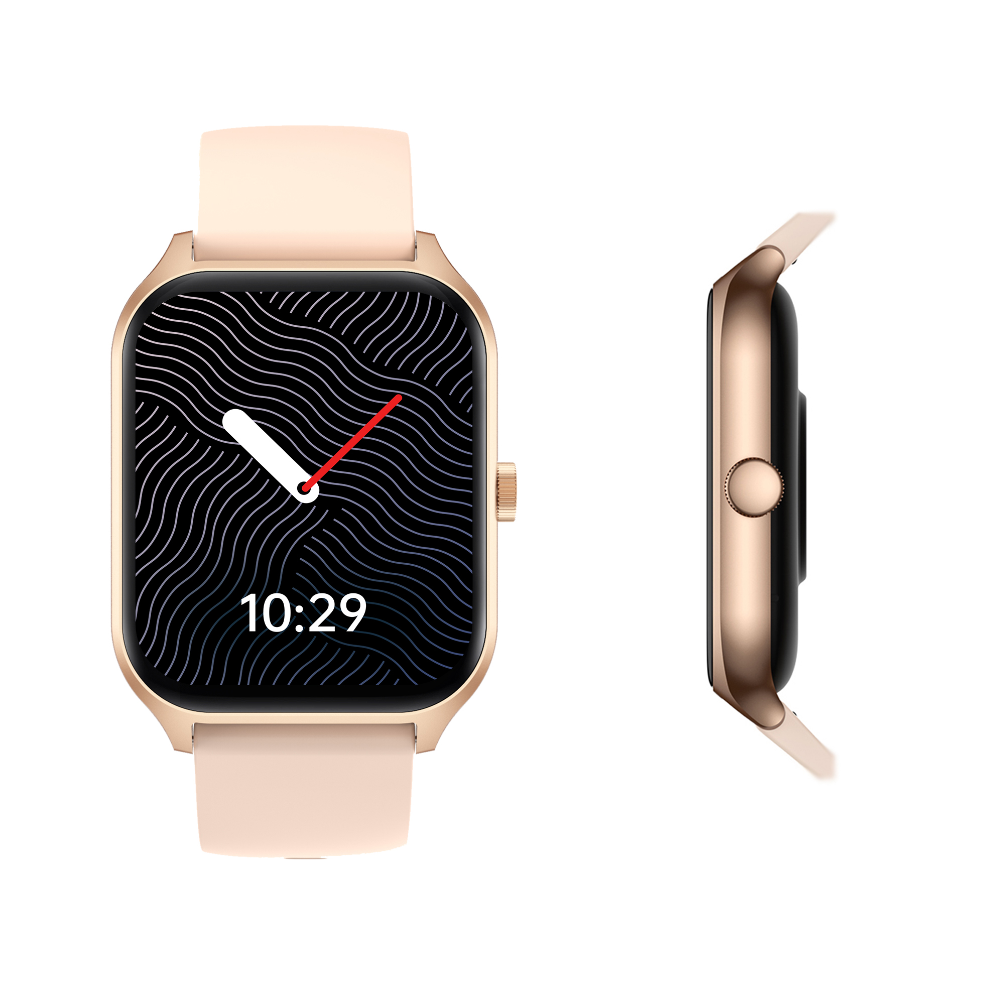Eine goldene Smartwatch mit hellrosa Armband, zeigt Zeit und Schritte an.