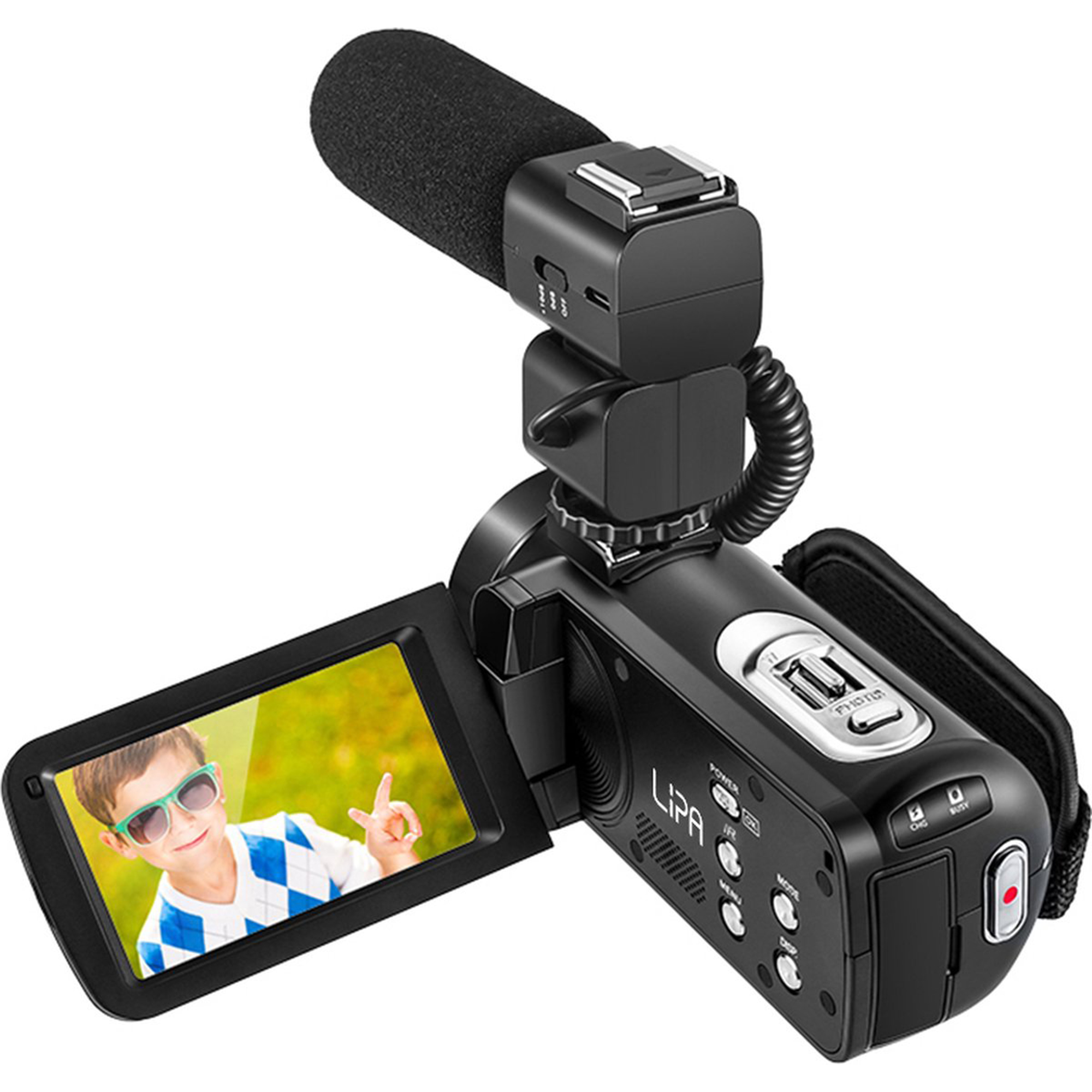 Czarna kamera wideo z ekranem pokazującym dziecko. Mikrofon na górze. Białe tło.