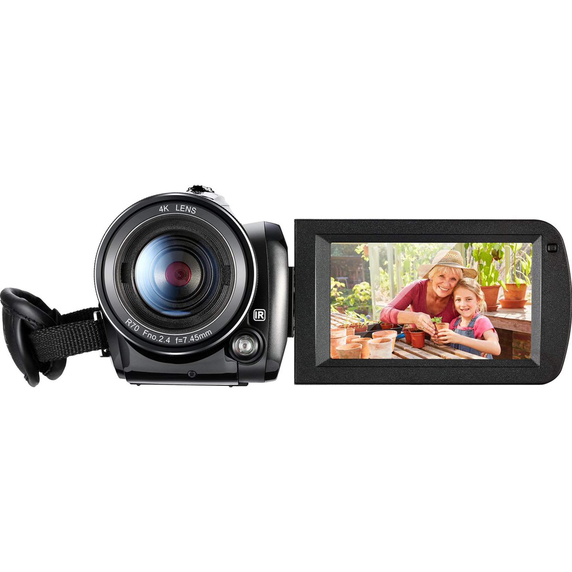 Czarna kamera wideo z ekranem pokazującym kobietę i dziecko w ogrodzie.