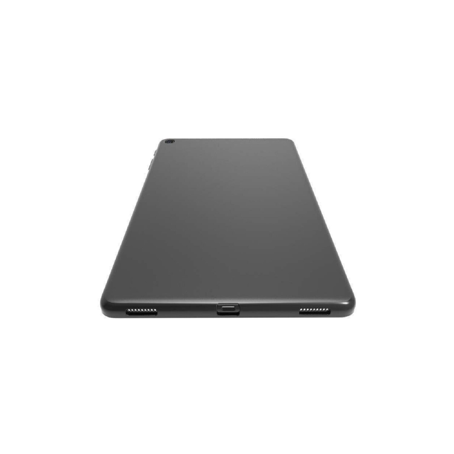 Schwarzes Tablet. Die Rückseite ist flach. Ein Anschluss und winzige Löcher sind sichtbar. Weißer Hintergrund.