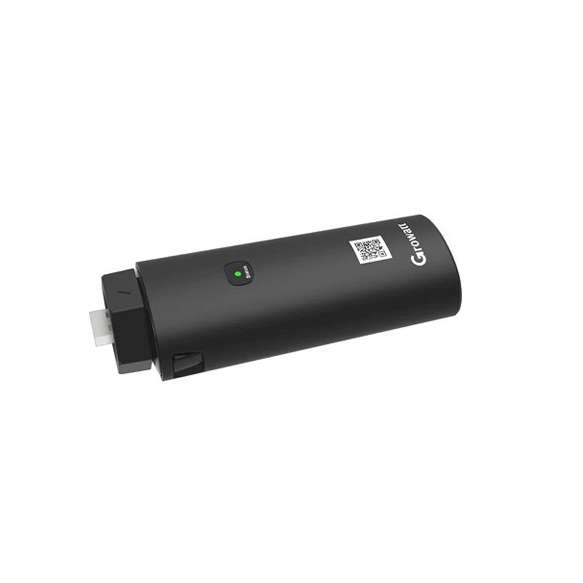 Schwarzes, zylindrisches Gerät mit USB-Anschluss und grünem Licht, isoliert auf Weiß.