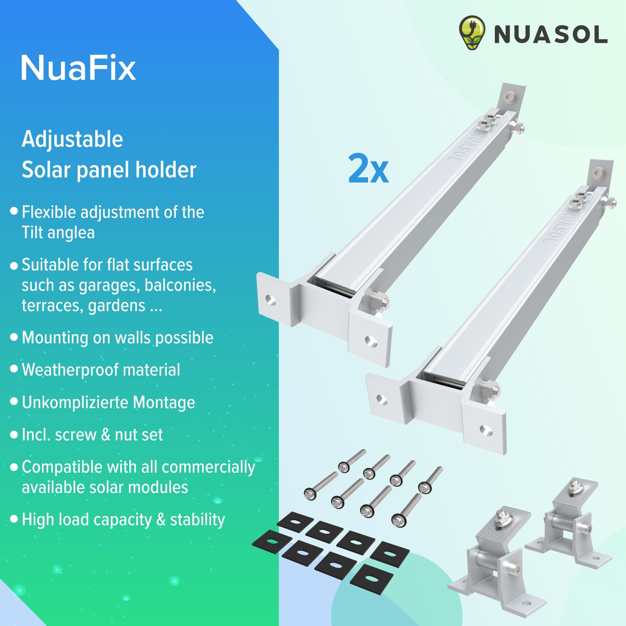Solarpanelhalter mit Halterungen und Schrauben, mit Produktinformationen.