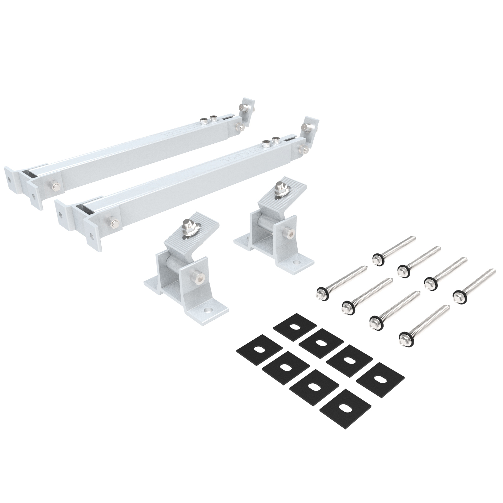 Solarpanel-Montagekomponenten: Halterungen, Schrauben und Pads.