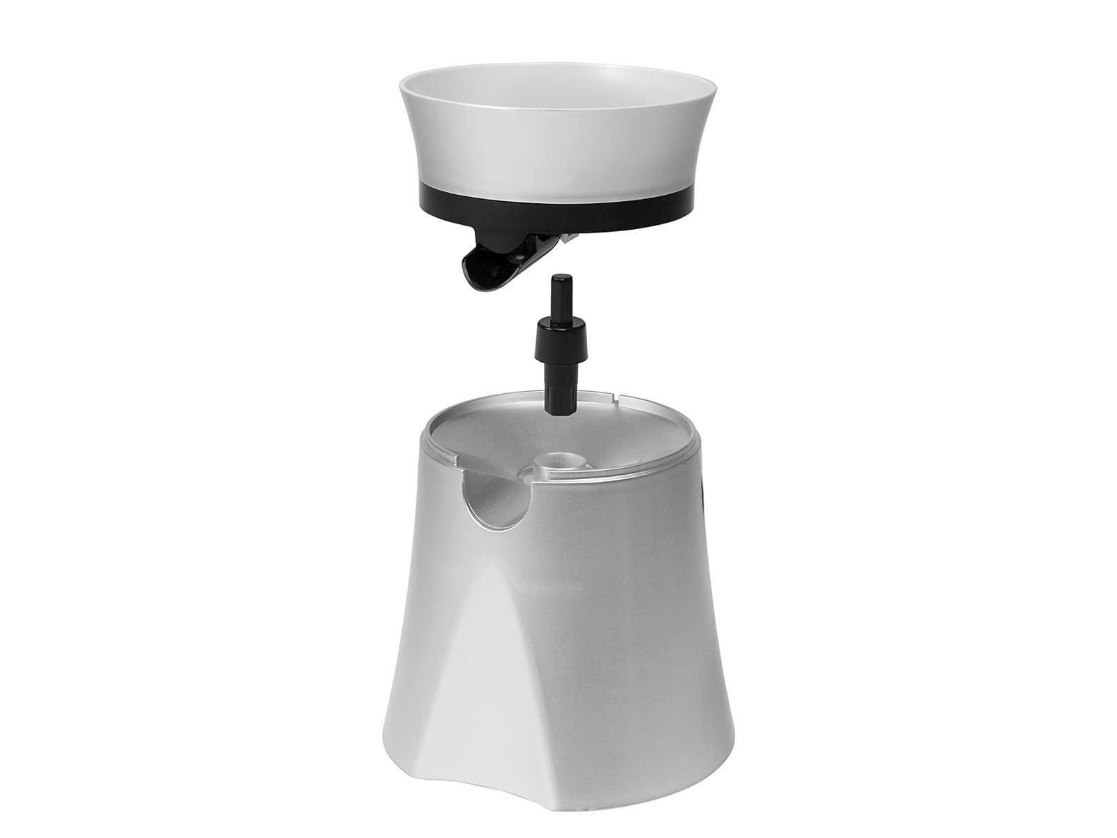 Zerlegter Wasserfilter. Er hat einen weißen oberen Teil und einen silbernen Basisteil.